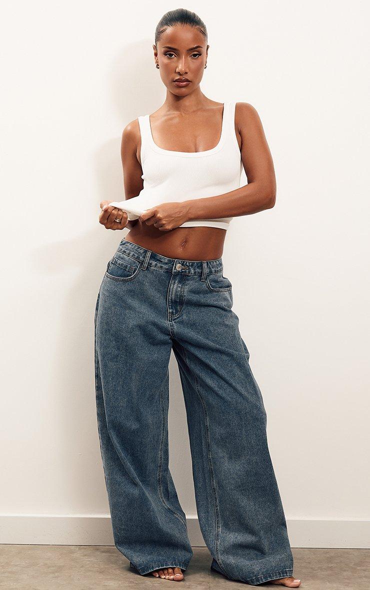 Low Rise Wide Leg Jeans In Mid Blue Denim