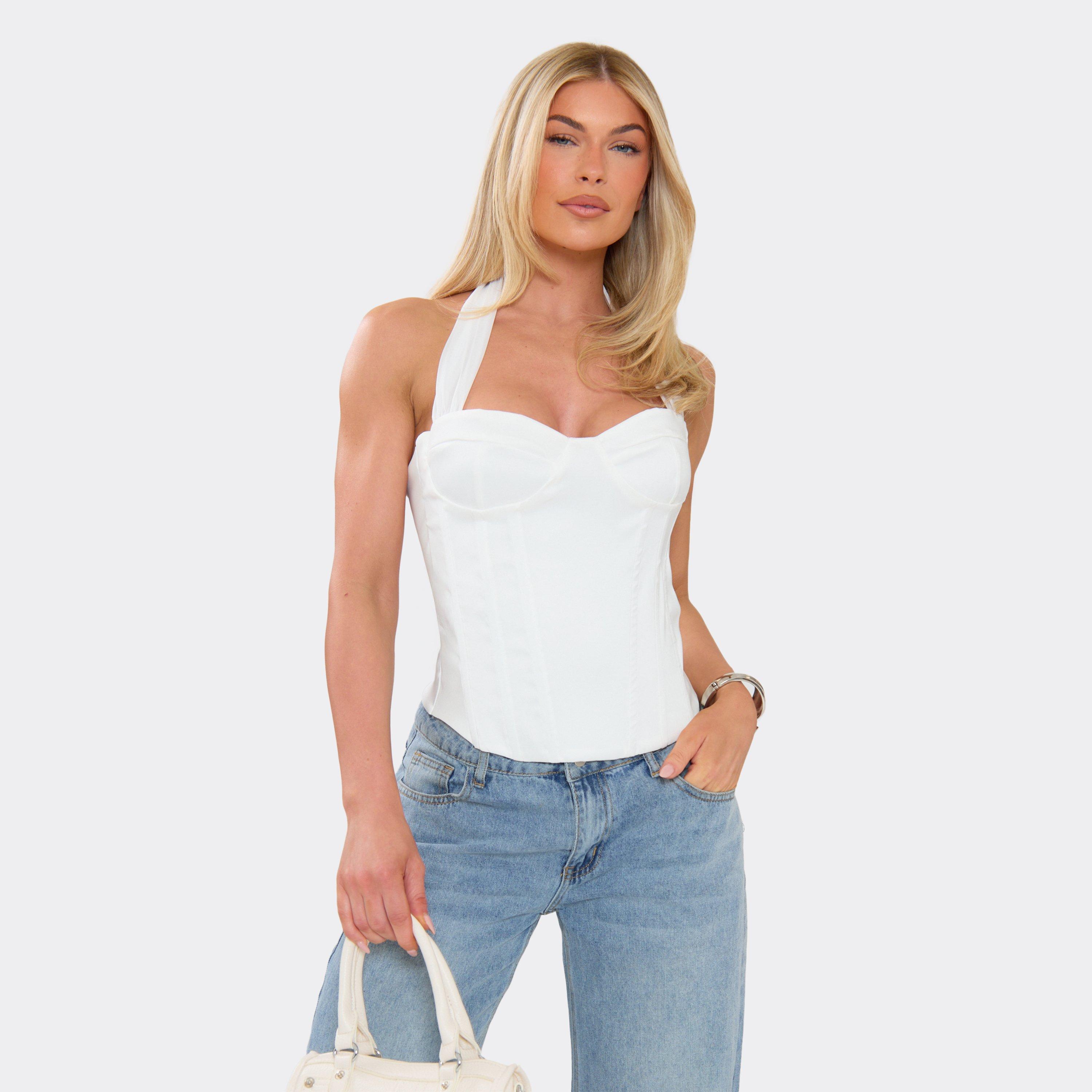 Contrast Chiffon Halterneck Cupped Corset Top In White, Women's Size UK 8