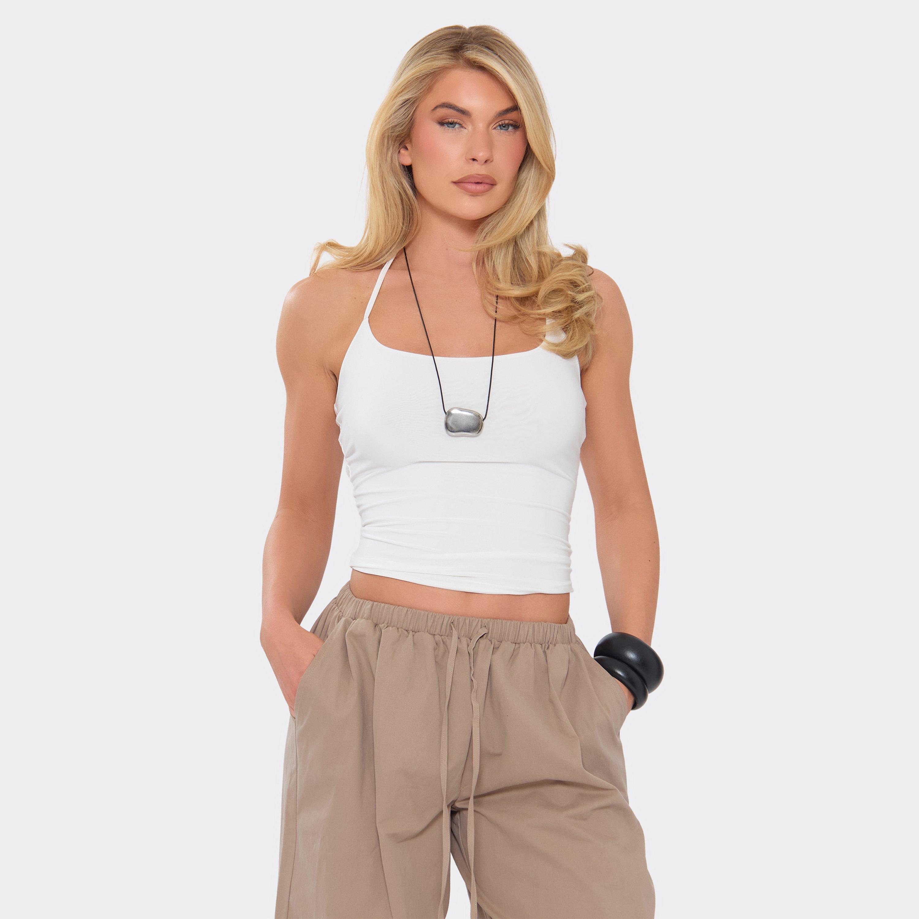 Image of Halterneck Cut Out Back Top In White Slinky, Women's