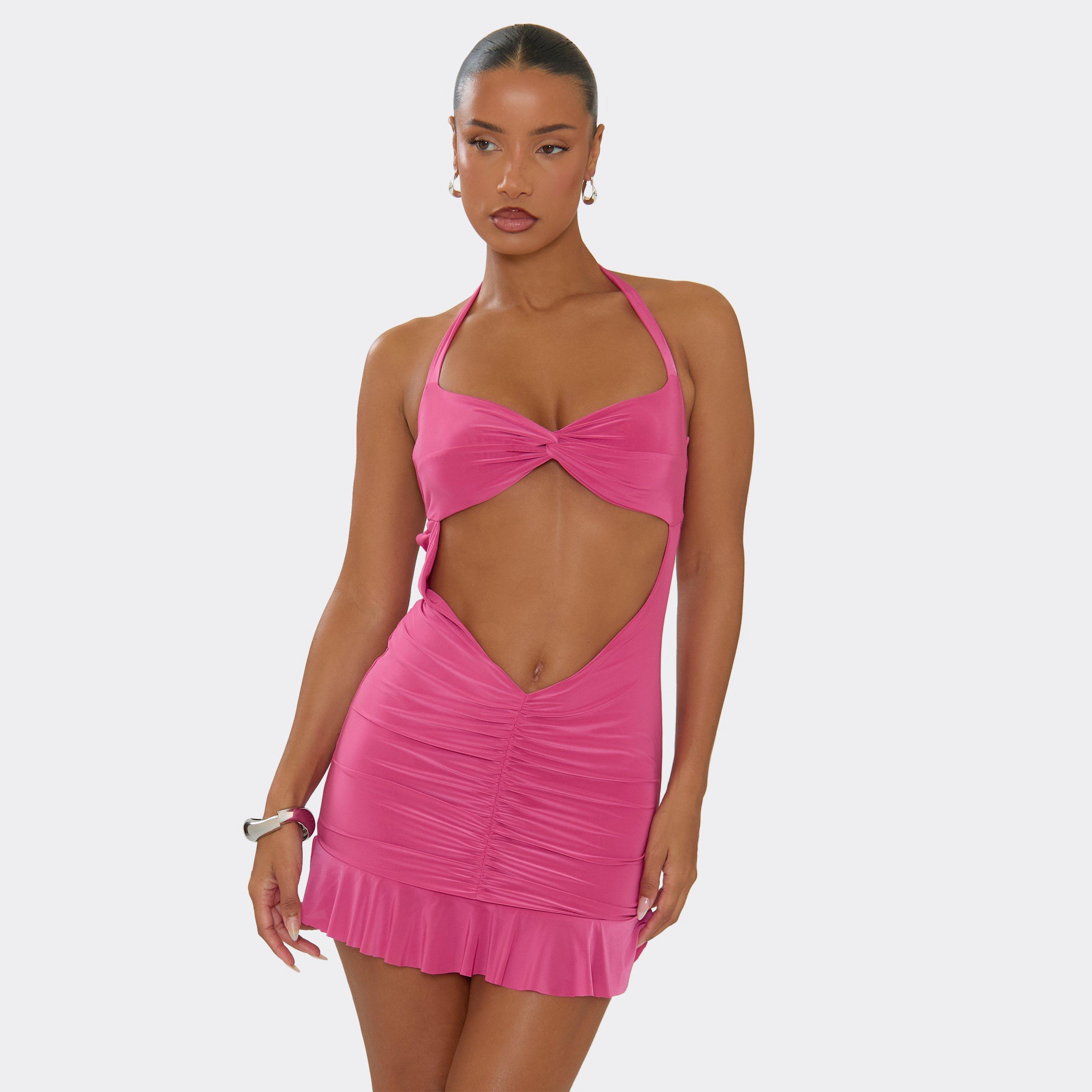 Halterneck Cut Out Front Ruched Mini Dress In Pink, Women’s