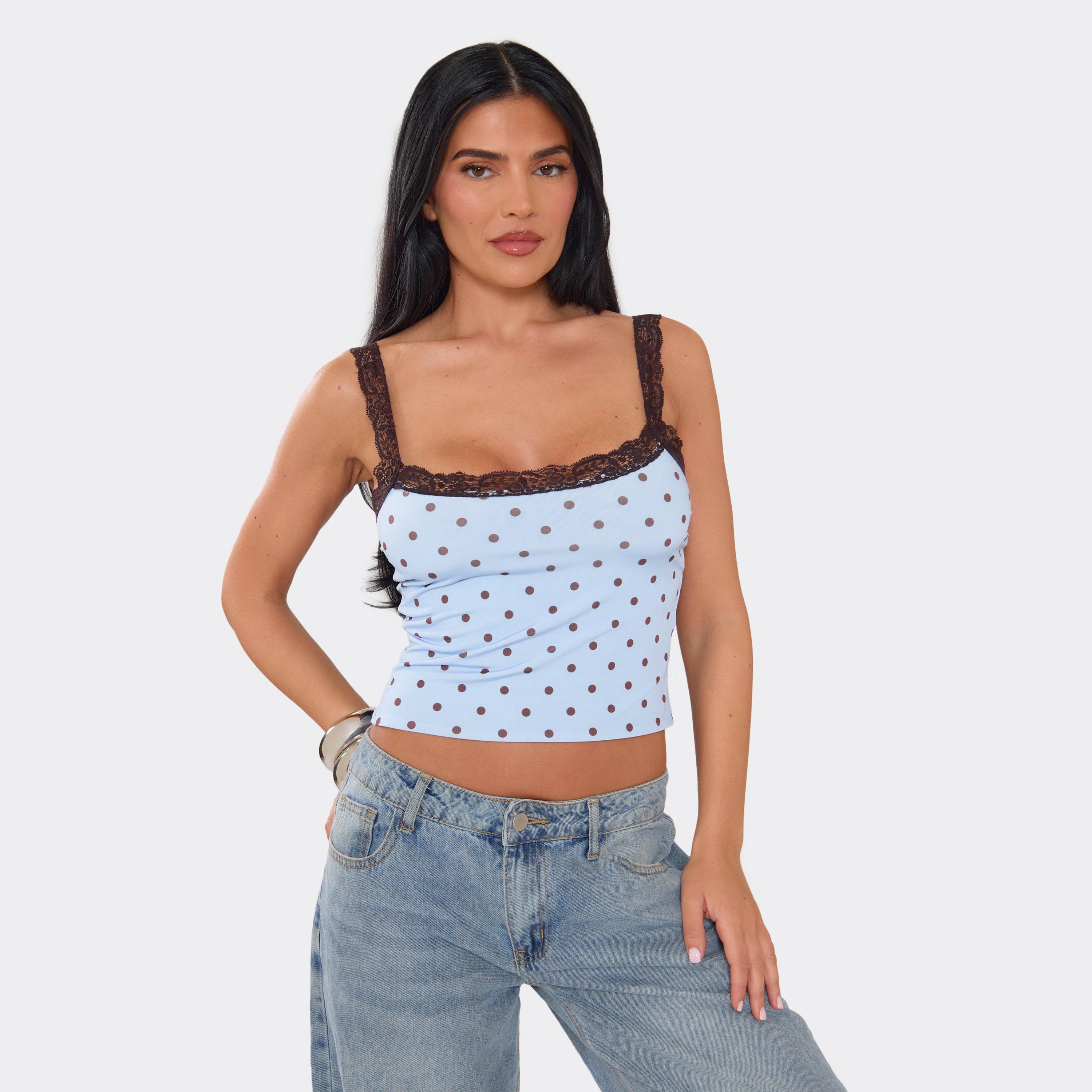 Strappy Lace Trim Cami Vest Top In Blue Polka Dot, Women's Size UK 8