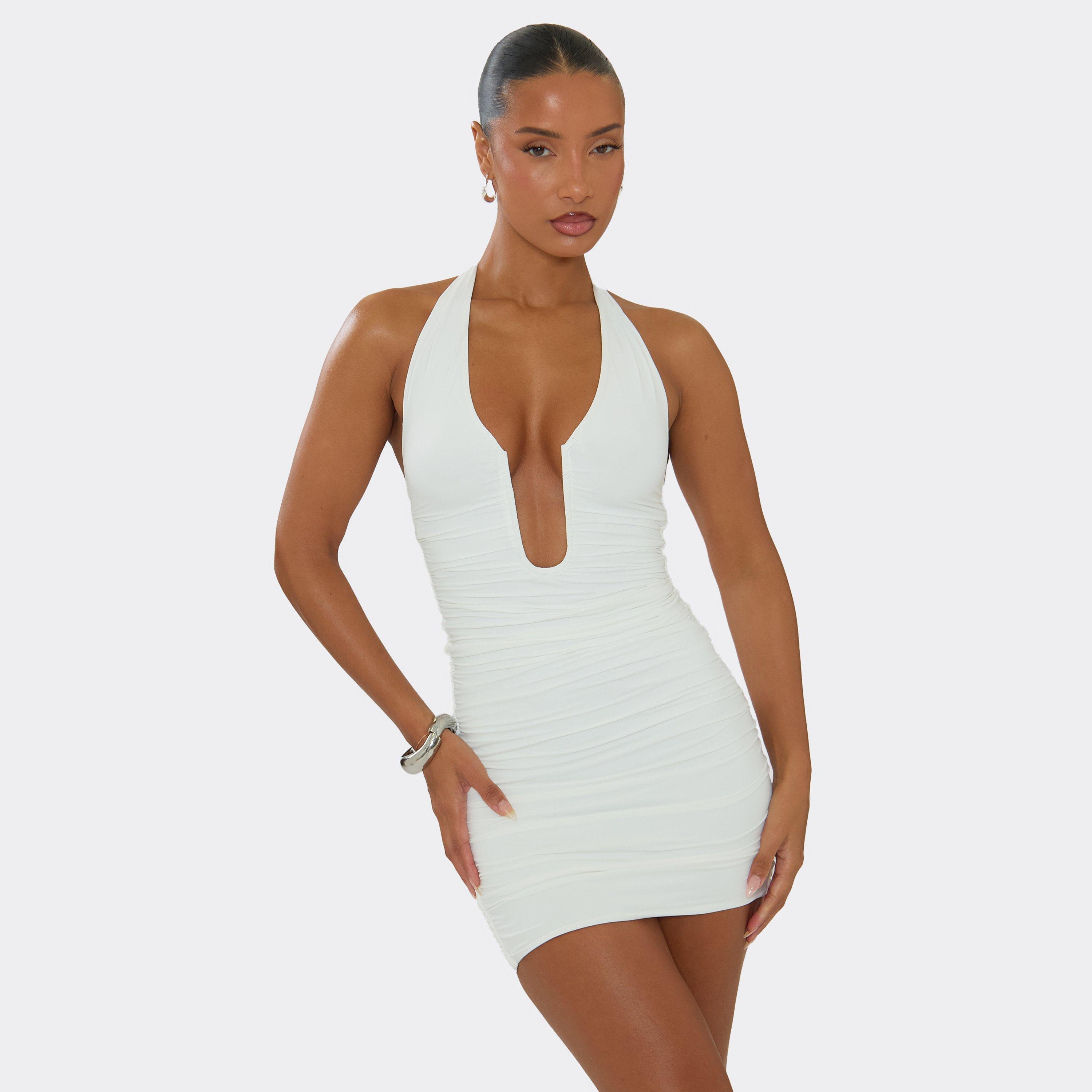 Halterneck Plunge Front Detail Mini Dress In White, Women’s