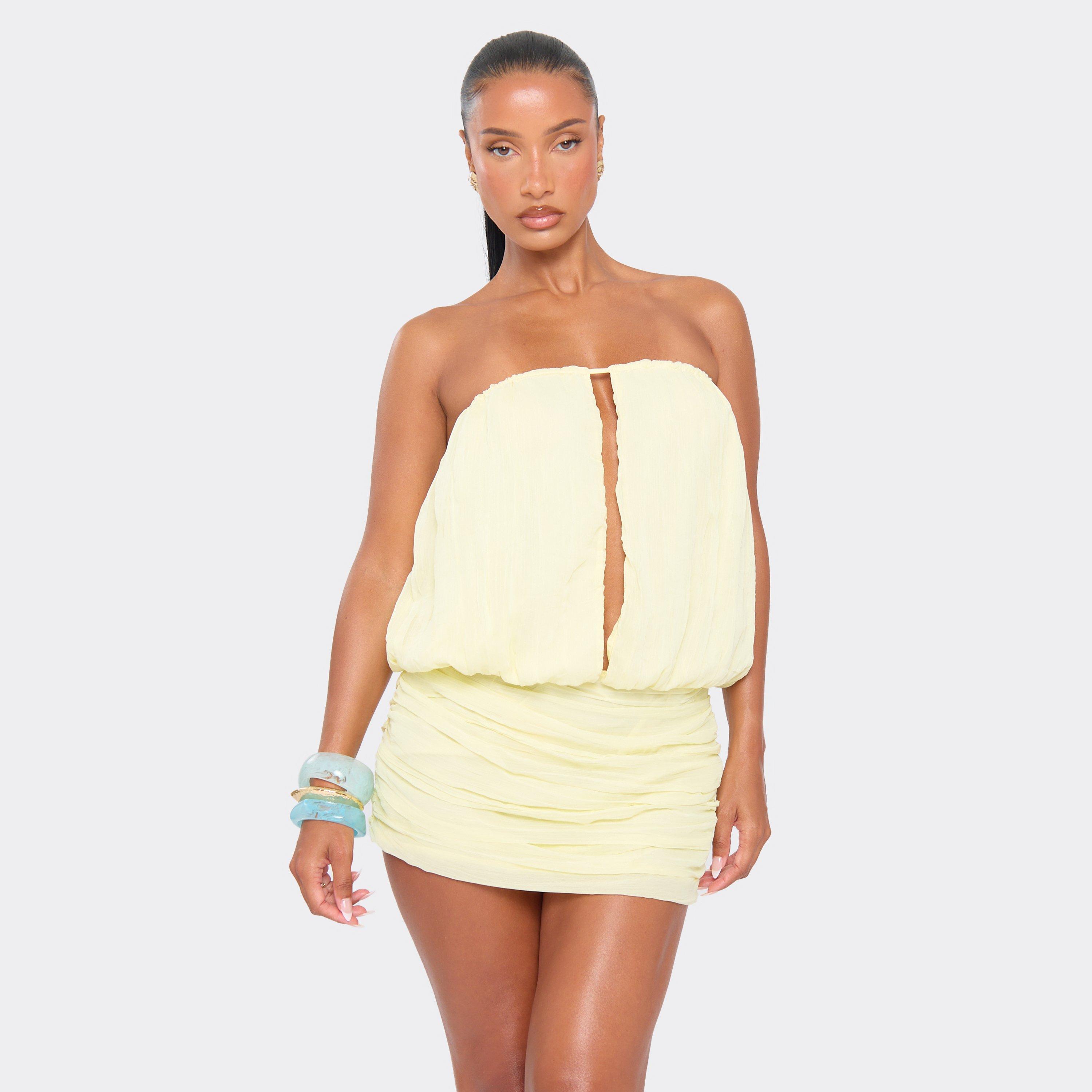 Bandeau Keyhole Mini Blouson Dress In Lemon Texture, Women's Size UK 14