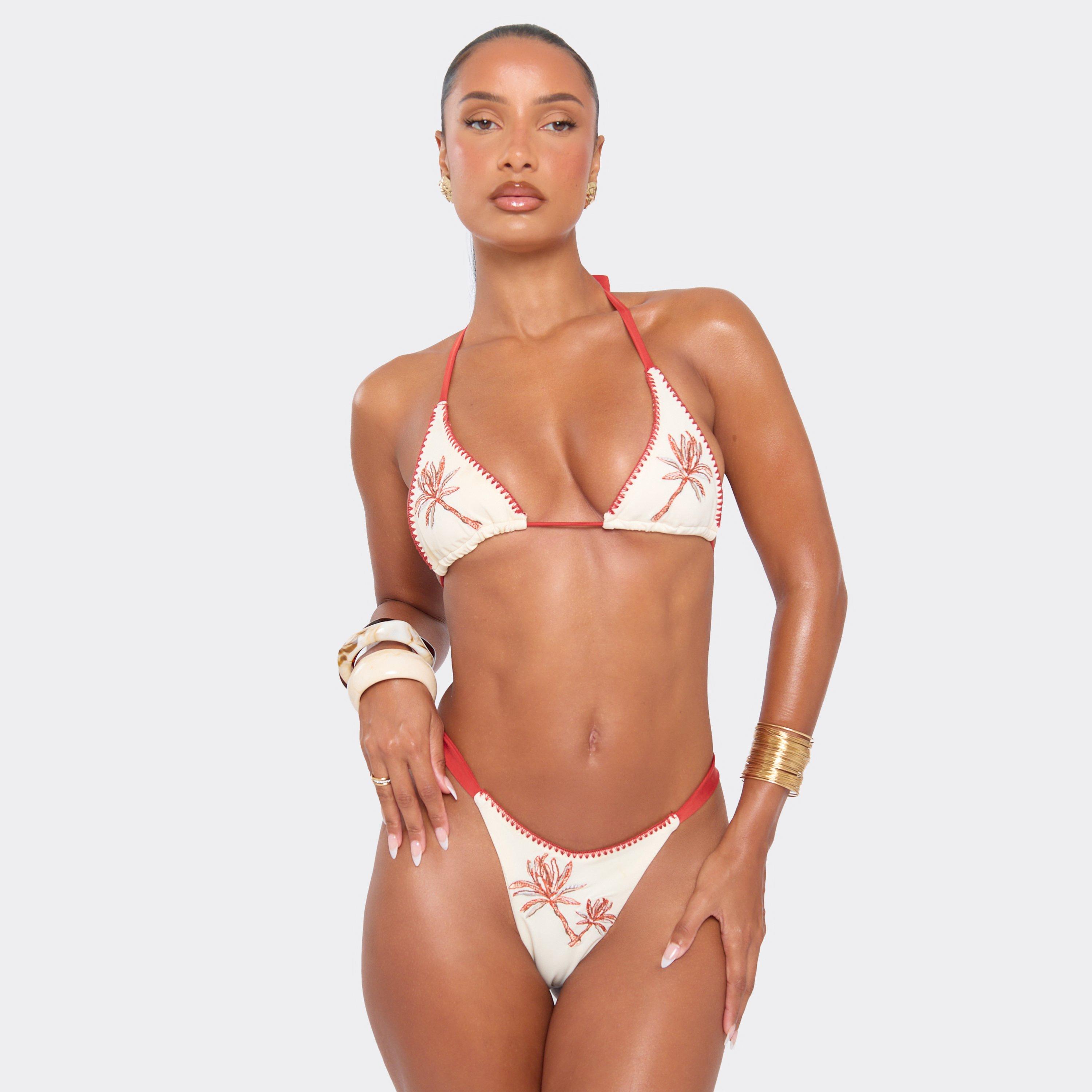 Triangle Embroidered Detail Contrast Bikini Set In Cream, Women's Size UK 8