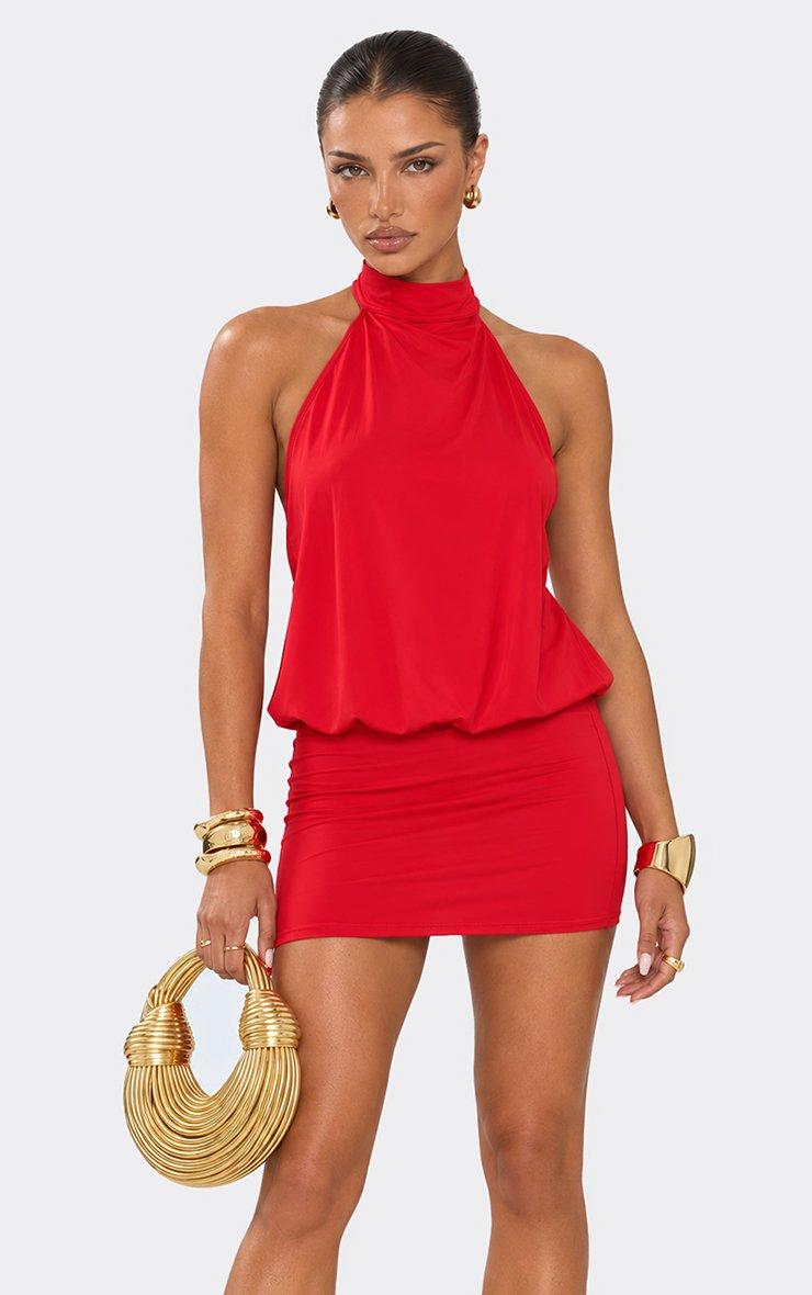 High Neck Racer Back Mini Dress In Red.