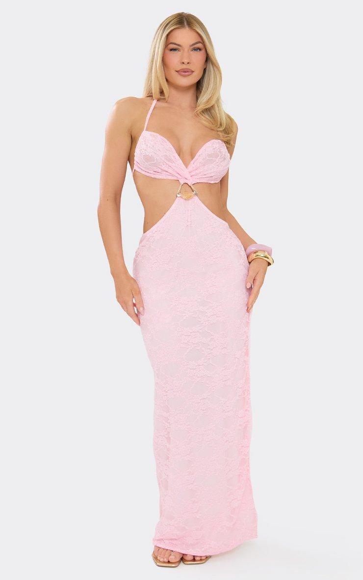 Halterneck Trim Detail Cut Out Maxi Dress In Baby Pink Lace | EGO US | EGO