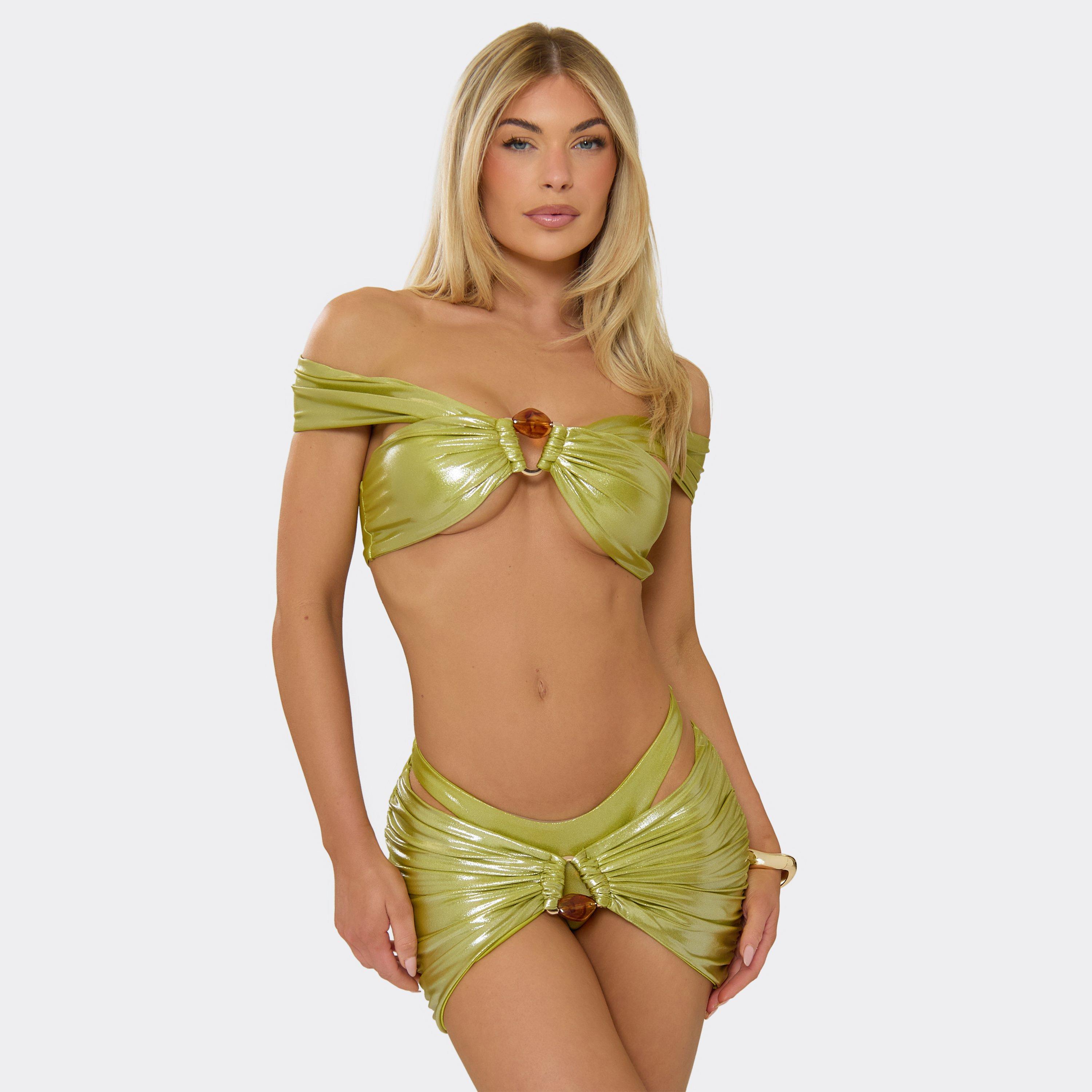 Off The Shoulder Trim Detail Bikini Set In Green, Women's Size UK 8