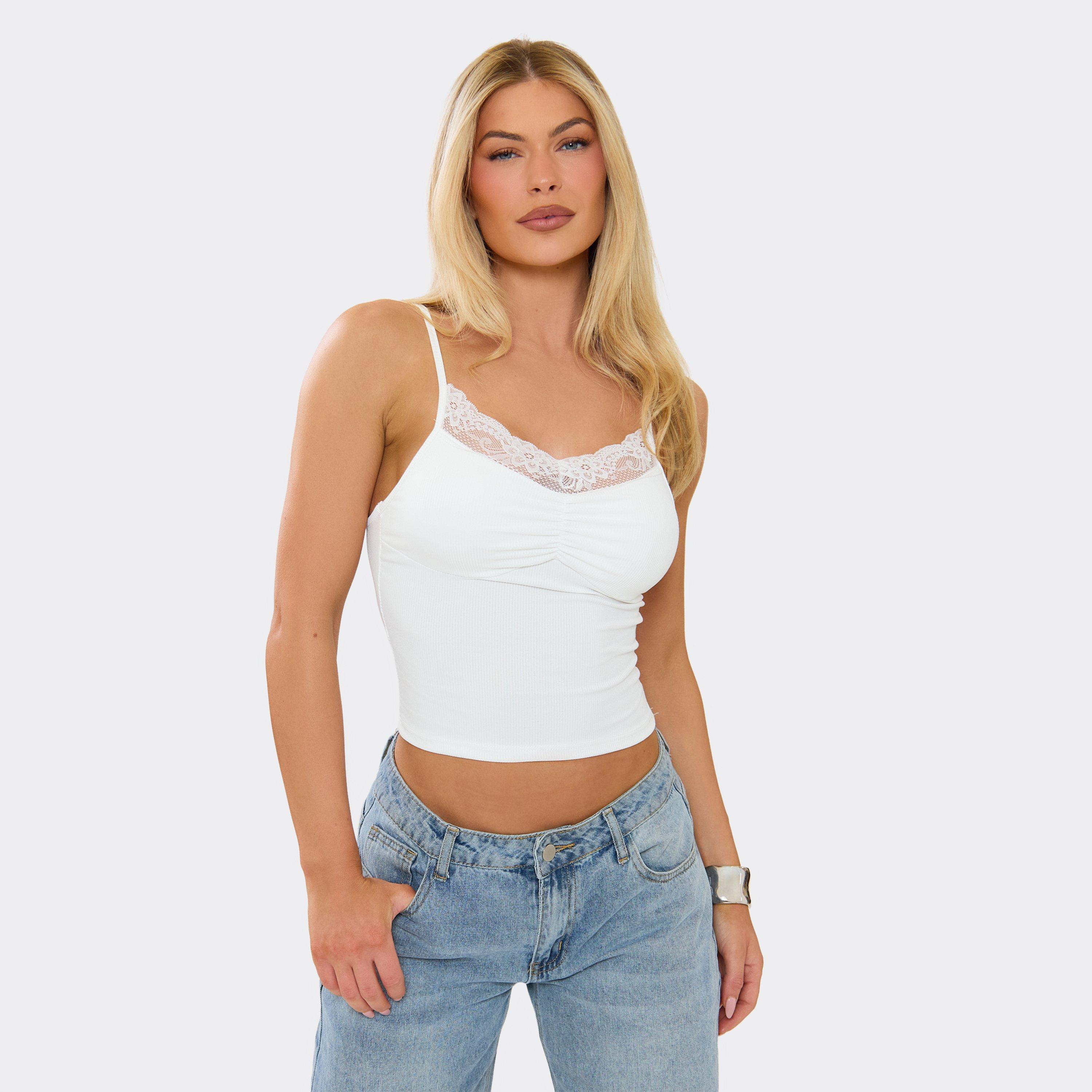 Strappy Lace Trim Top In White, Women’s