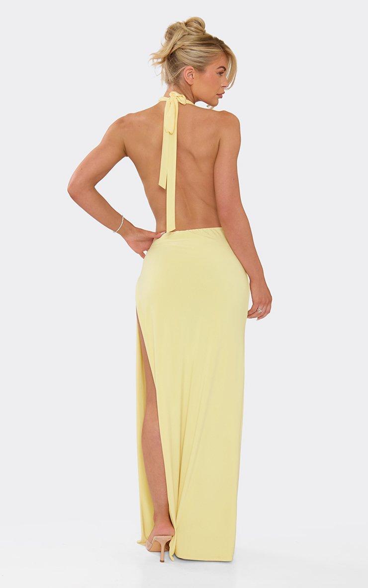 Halterneck Plunge Front Drape Side Split Maxi Dress In Lemon, Women's Size US 6 - EGO