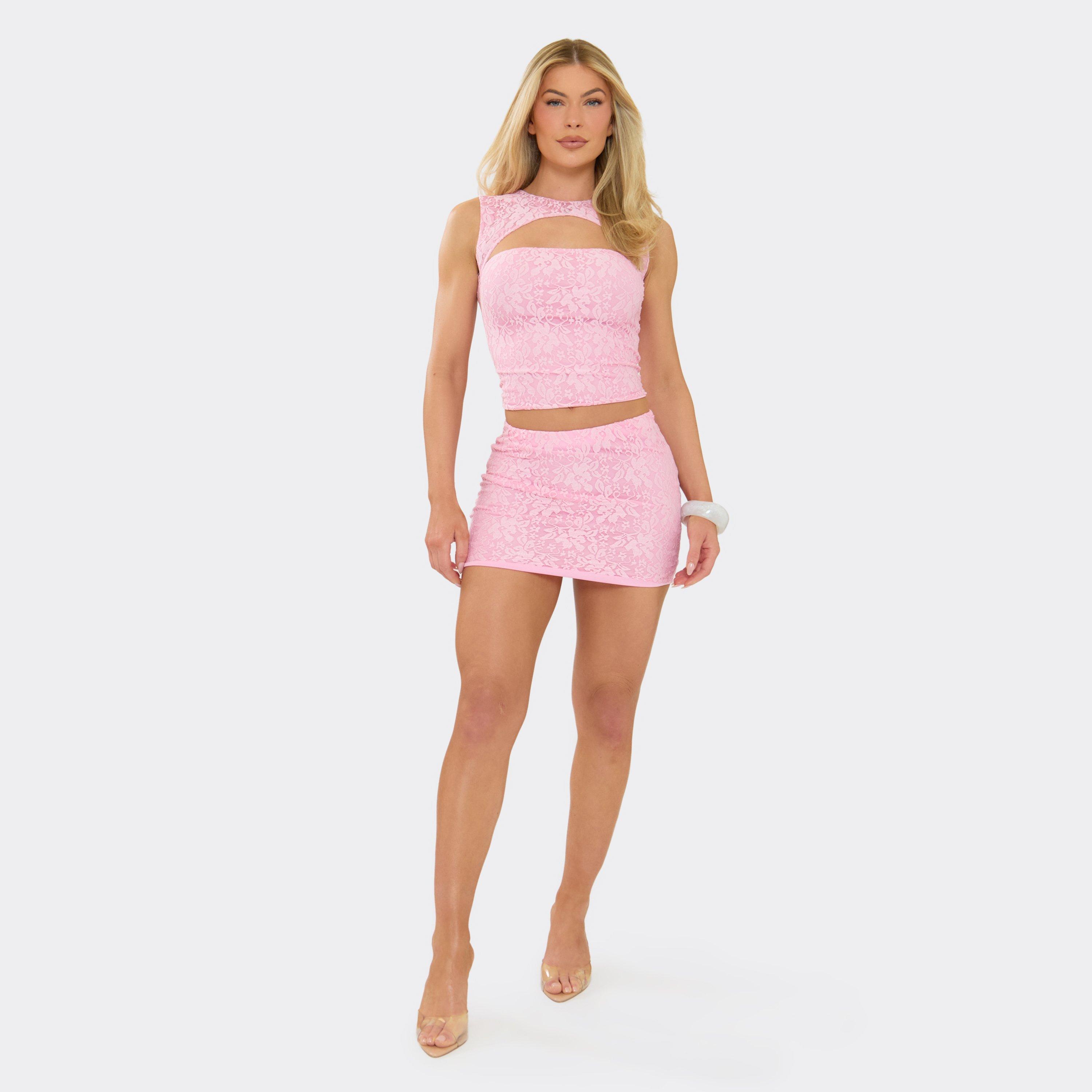 Mid Rise Mini Skirt In Pink Lace, Women’s