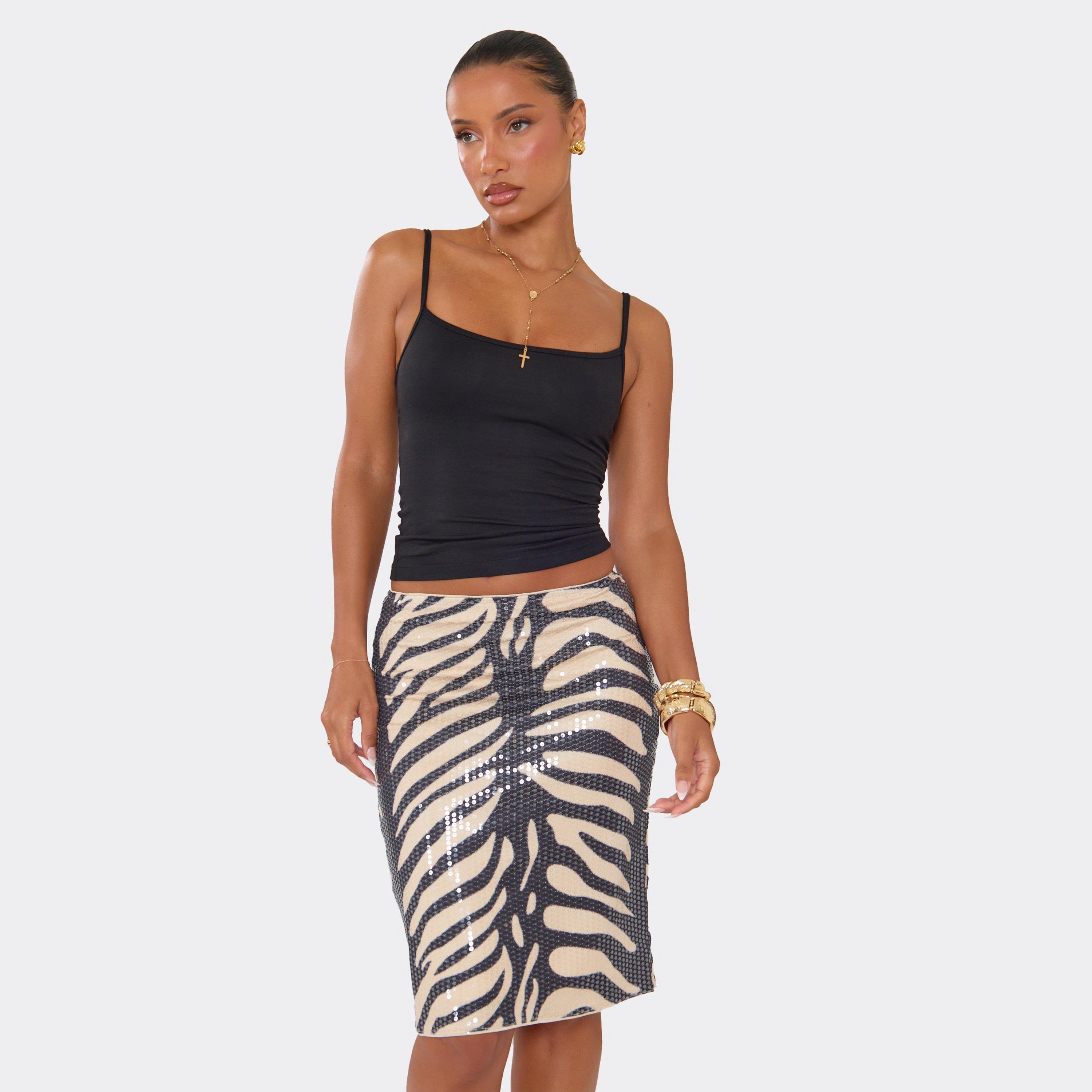 Low Rise Midi Skirt In Zebra Print Sequin, Women's Size UK 12