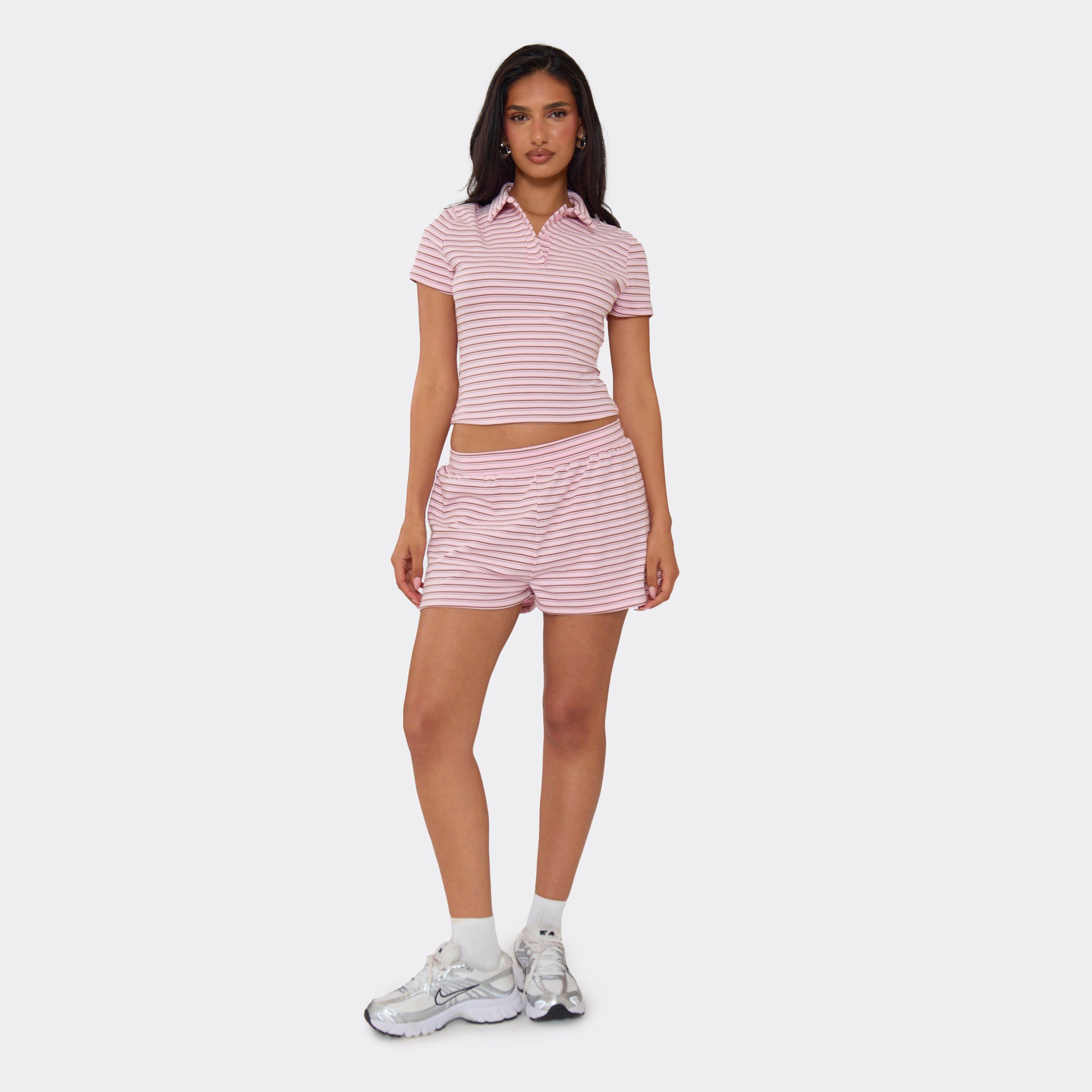 Mid Rise Mini Shorts In Pink Striped Soft Fleece, Women's Size UK 8
