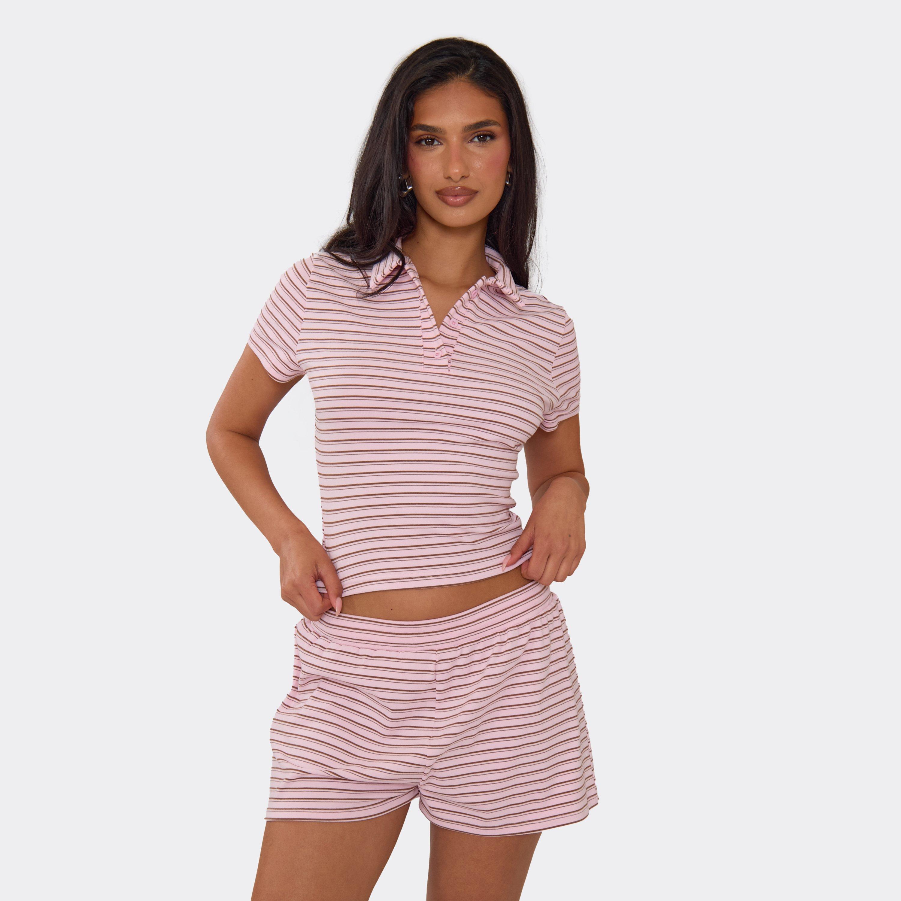 Short Sleeve Fitted Polo Top In Pink Striped Soft Fleece, Women's Size UK 6