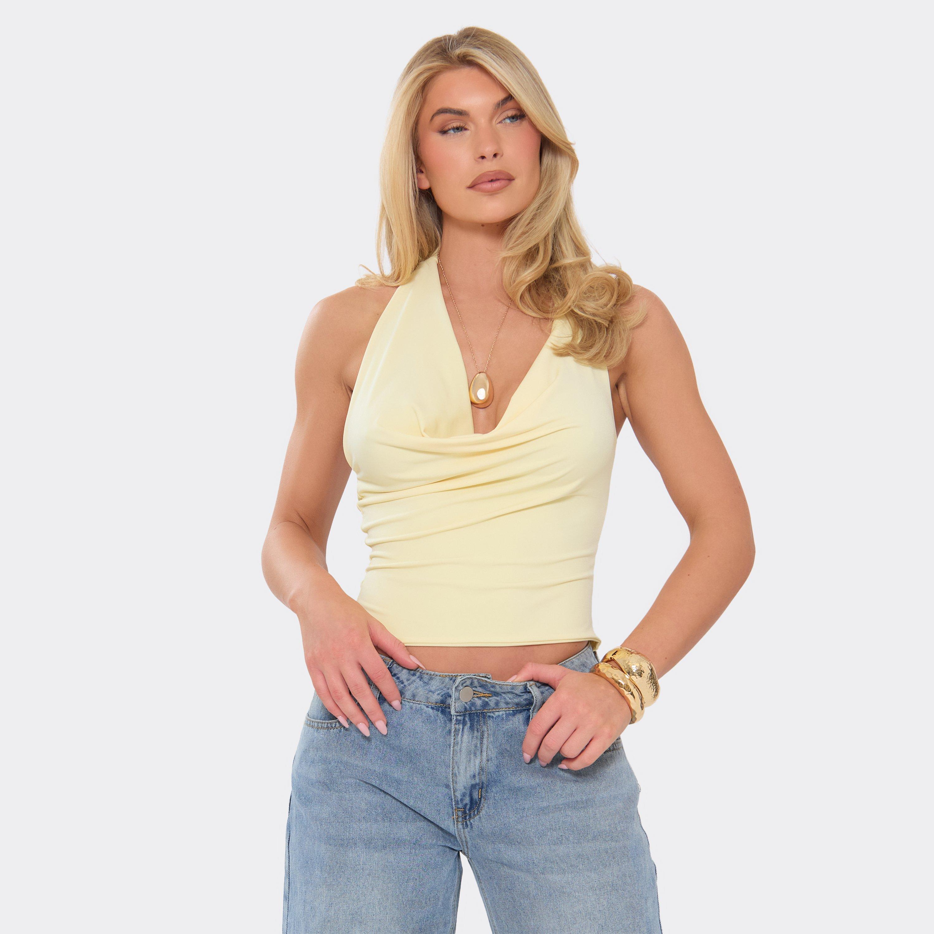 Image of Halterneck Cowl Front Top In Lemon, Women's
