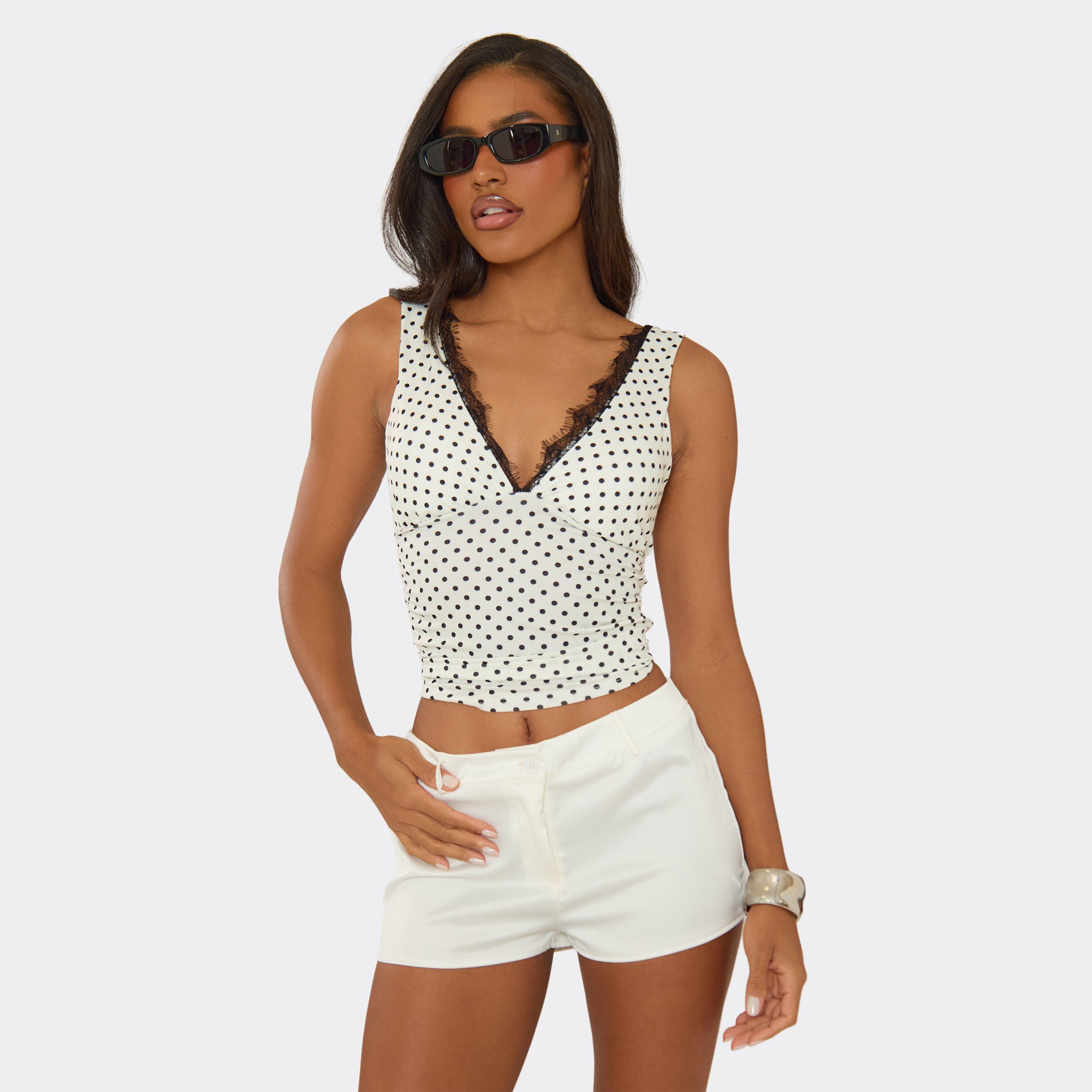 V Neck Lace Trim Top In White Polka Dot, Women’s