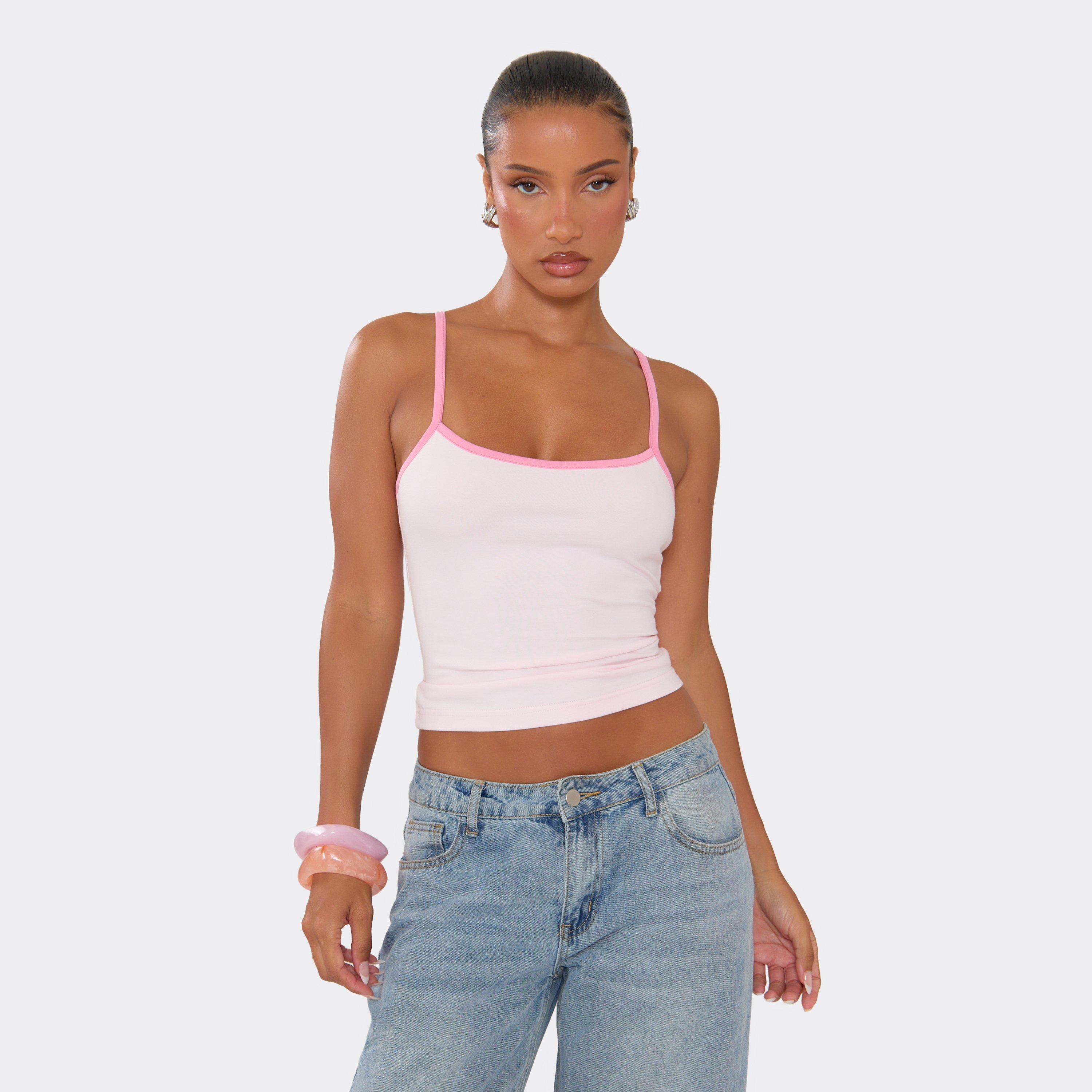 Scoop Neck Contrast Hem Cami Top In Pink, Women's Size UK 10