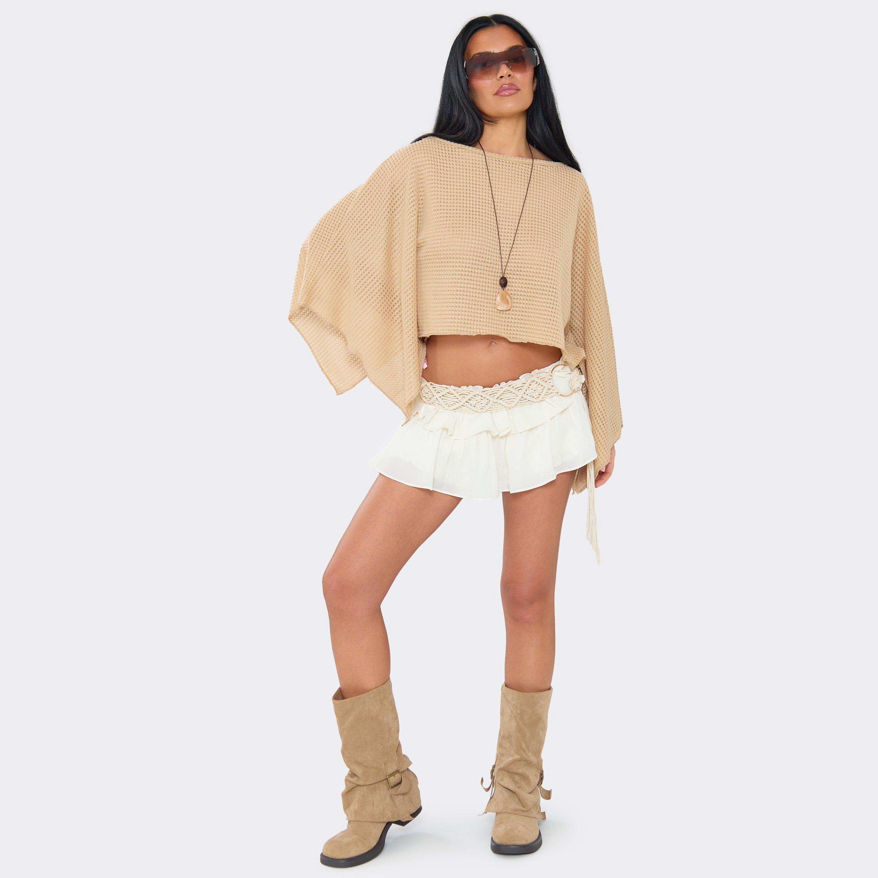 Low Rise Belted Tiered Mini Skort In Cream, Women's Size UK 8