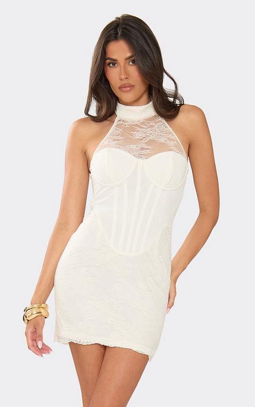 white frill hem lace bodycon dress Plunge Halterneck Frilled Ruched Mini In | EGO UK Womens dresses