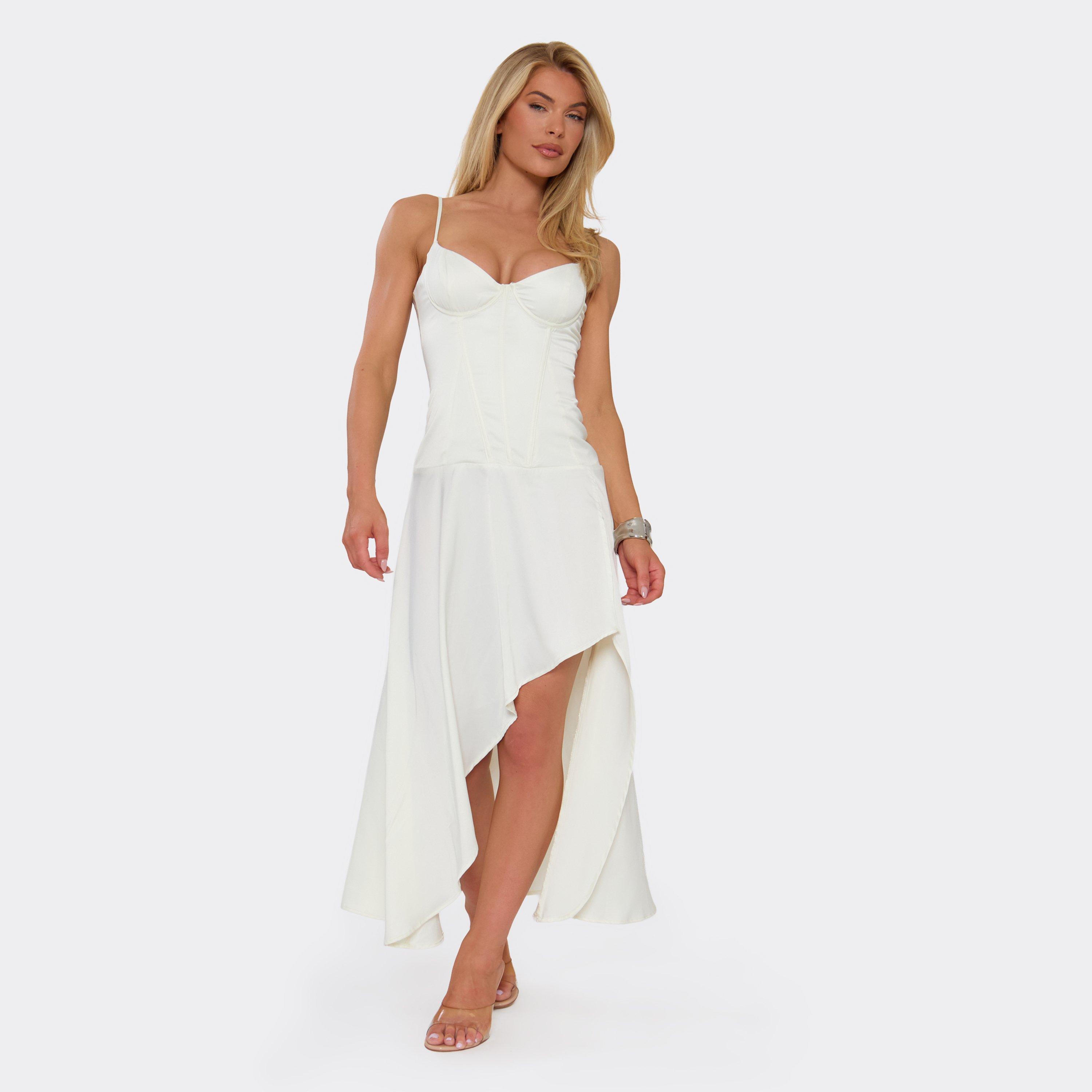 Strappy Underwired Dropped Hem Split Leg Corset Midi Dress In Cream, Women's Size UK 6