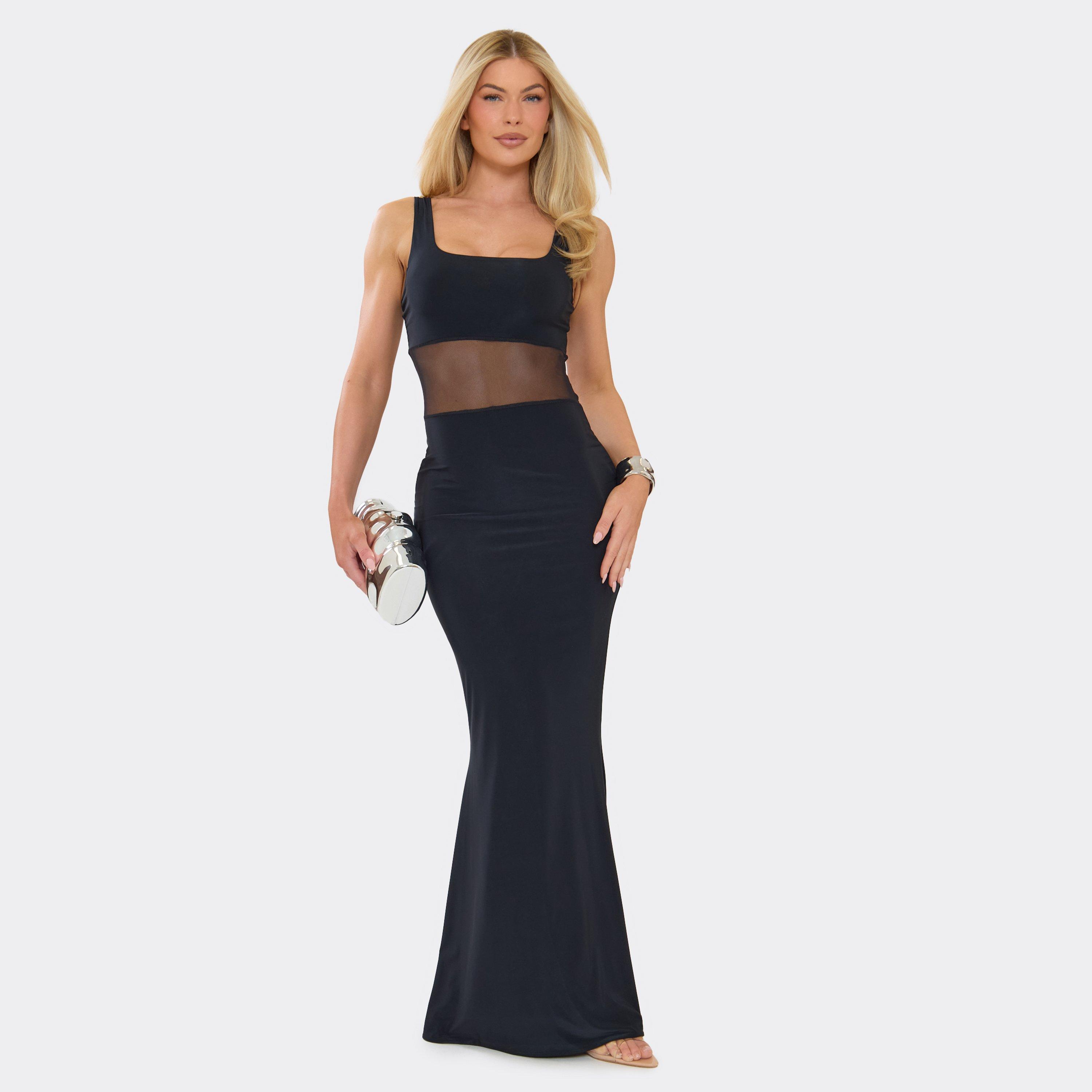 Square Neck Mesh Panel Maxi Dress In Black, Women’s