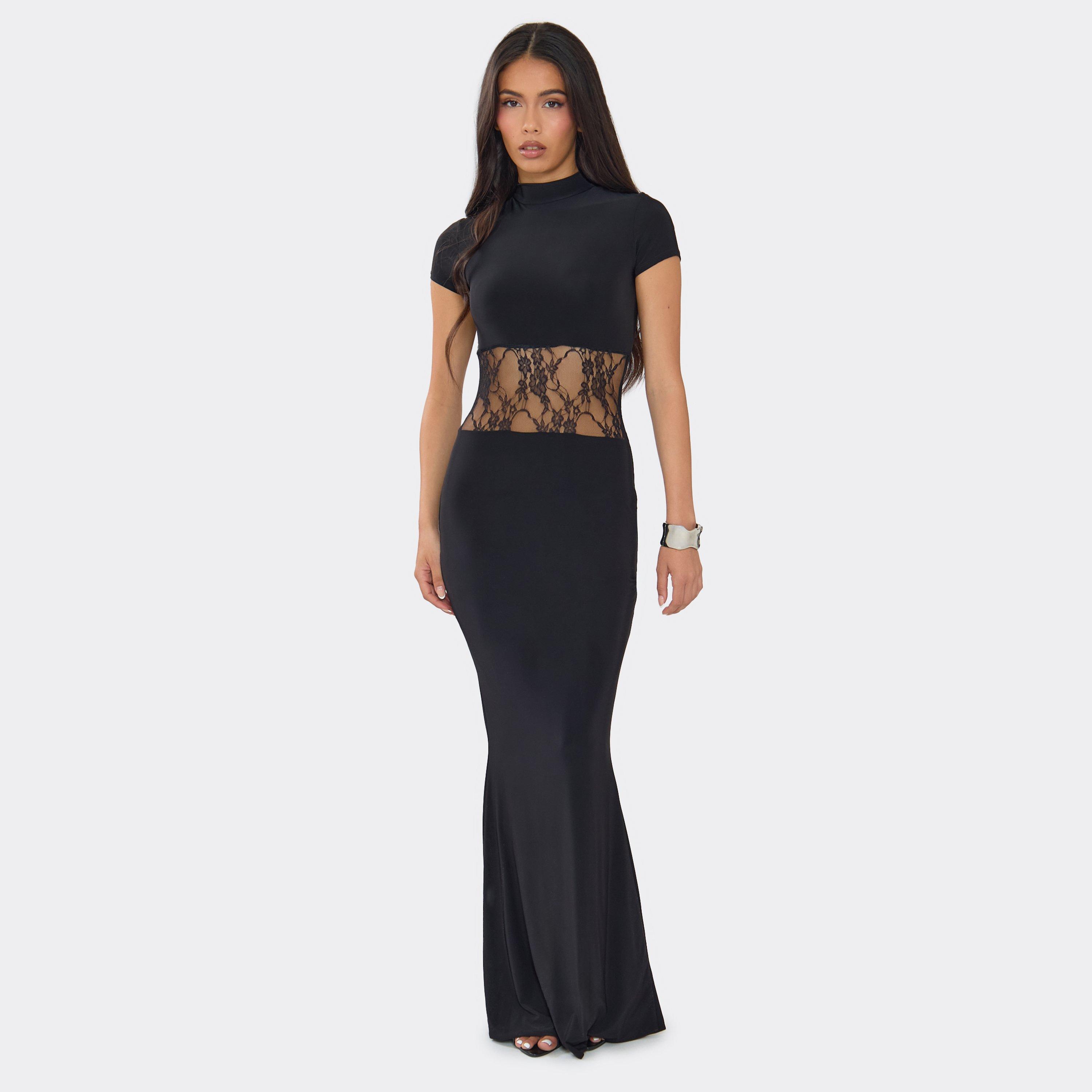 High Neck Lace Panel Maxi Dress In Black, Women's Size UK 6