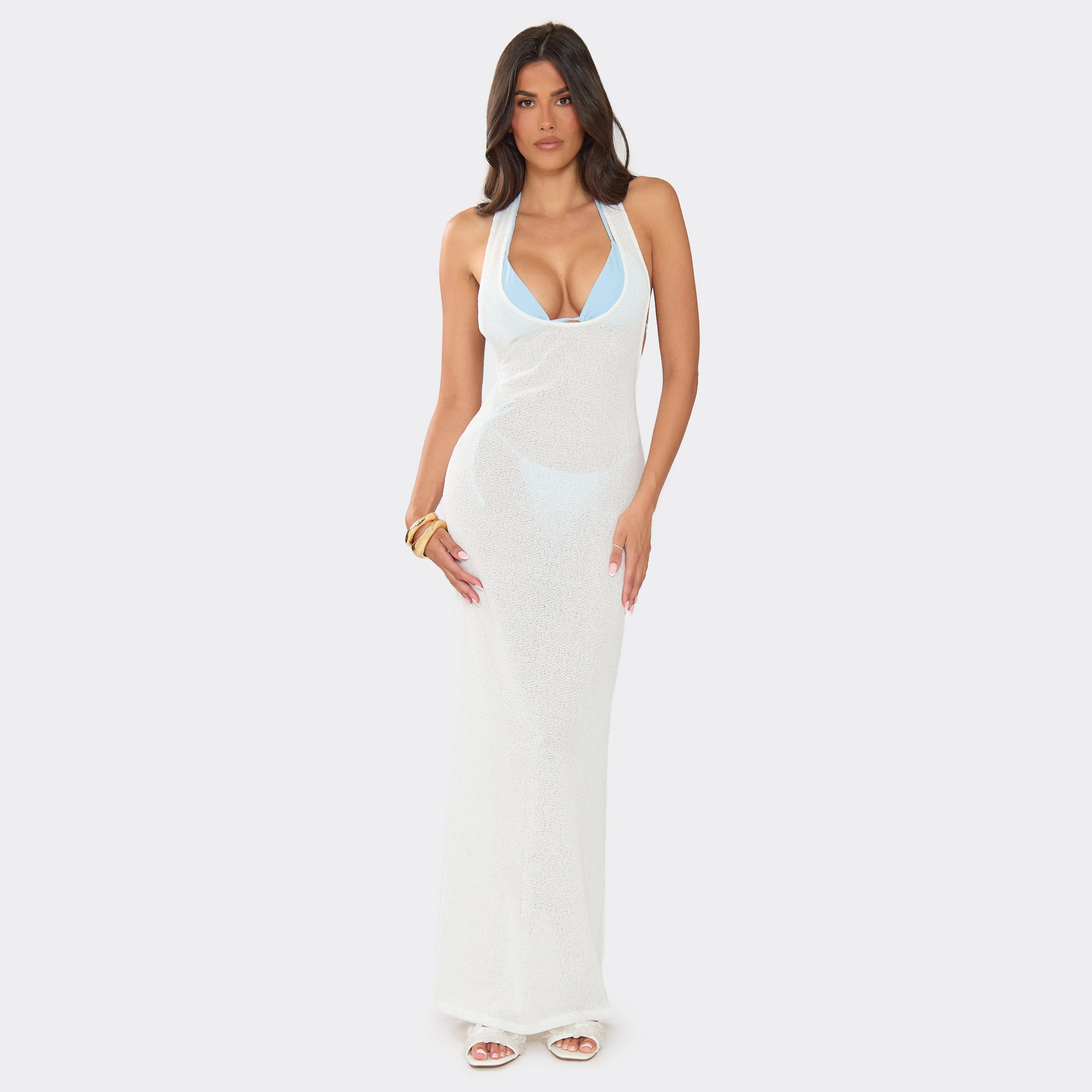 Sleeveless Scoop Neck Cut Out Back Knitted Beach Maxi Dress In White, Women's Size UK 12