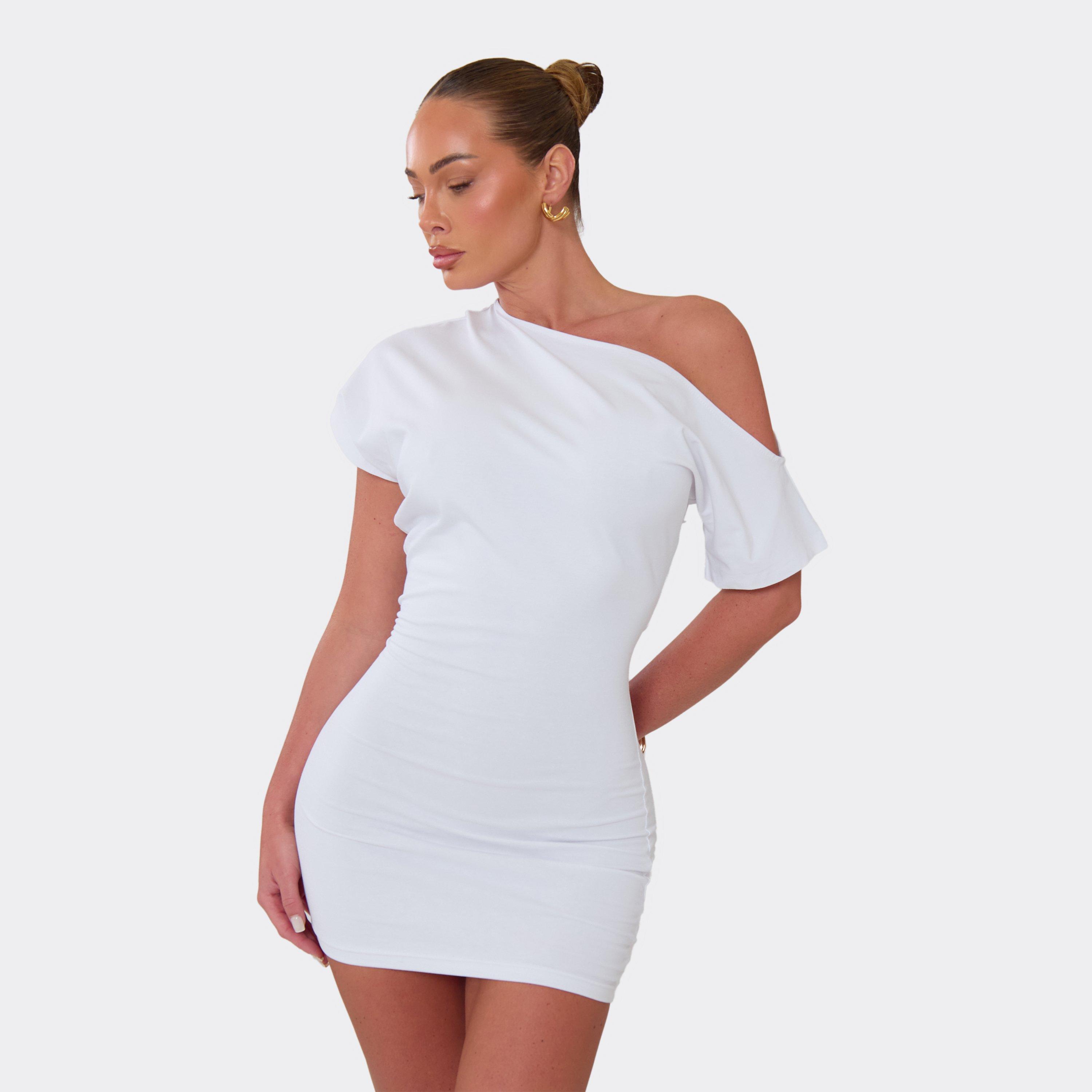 One Shoulder Cinched Waist T-Shirt Dress In White, Women's Size UK 6