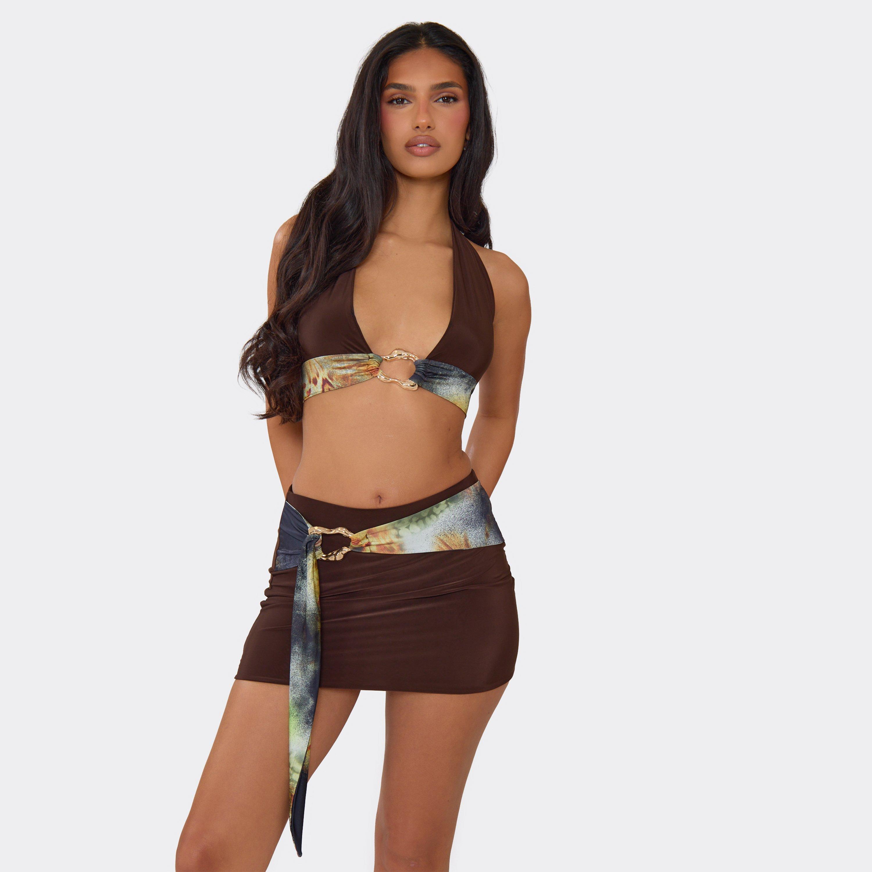 Halterneck Ring Trim Detail Top In Chocolate Brown Printed Slinky, Women's Size UK 8