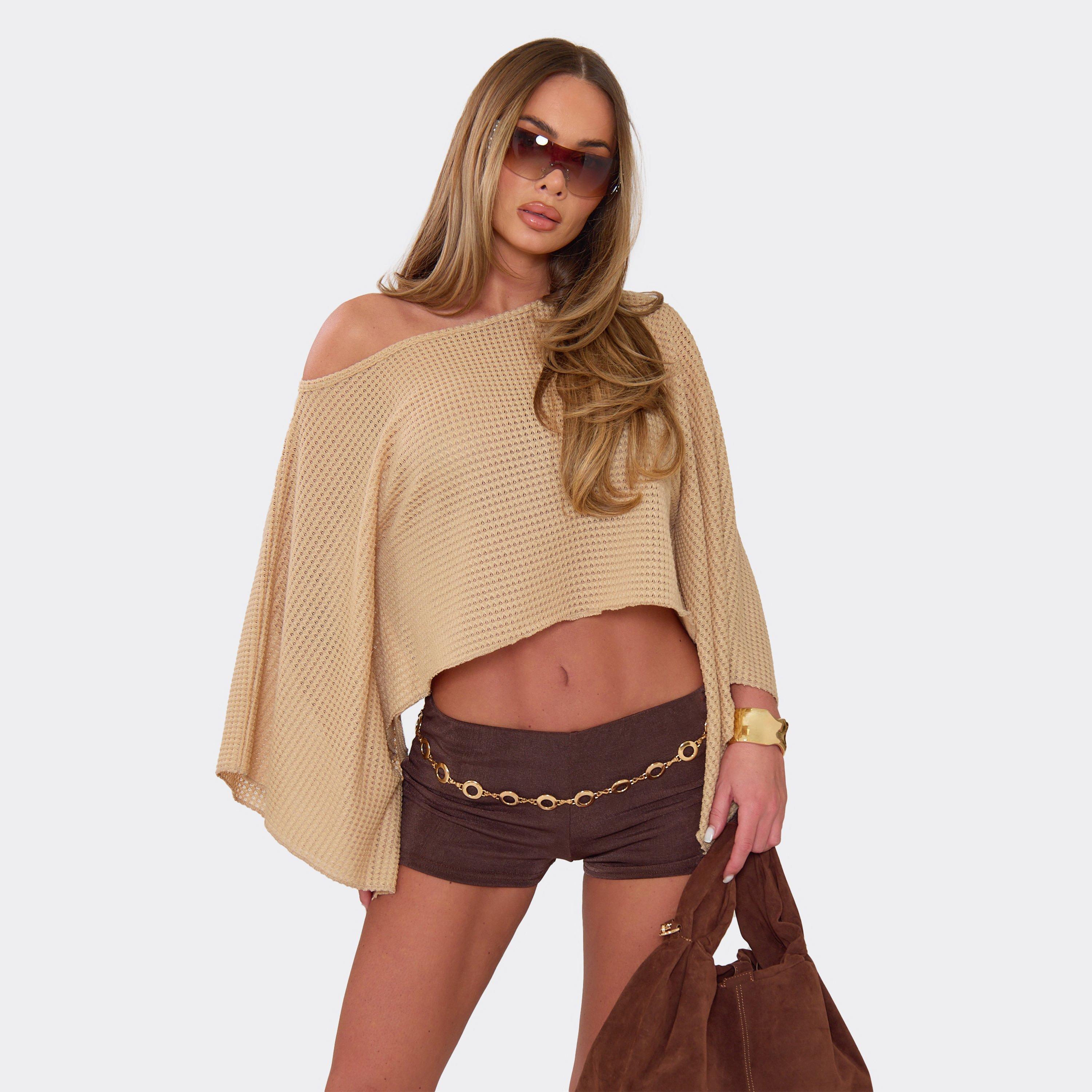 Off The Shoulder Asymmetric Cape Top In Stone, Women's Size UK 8