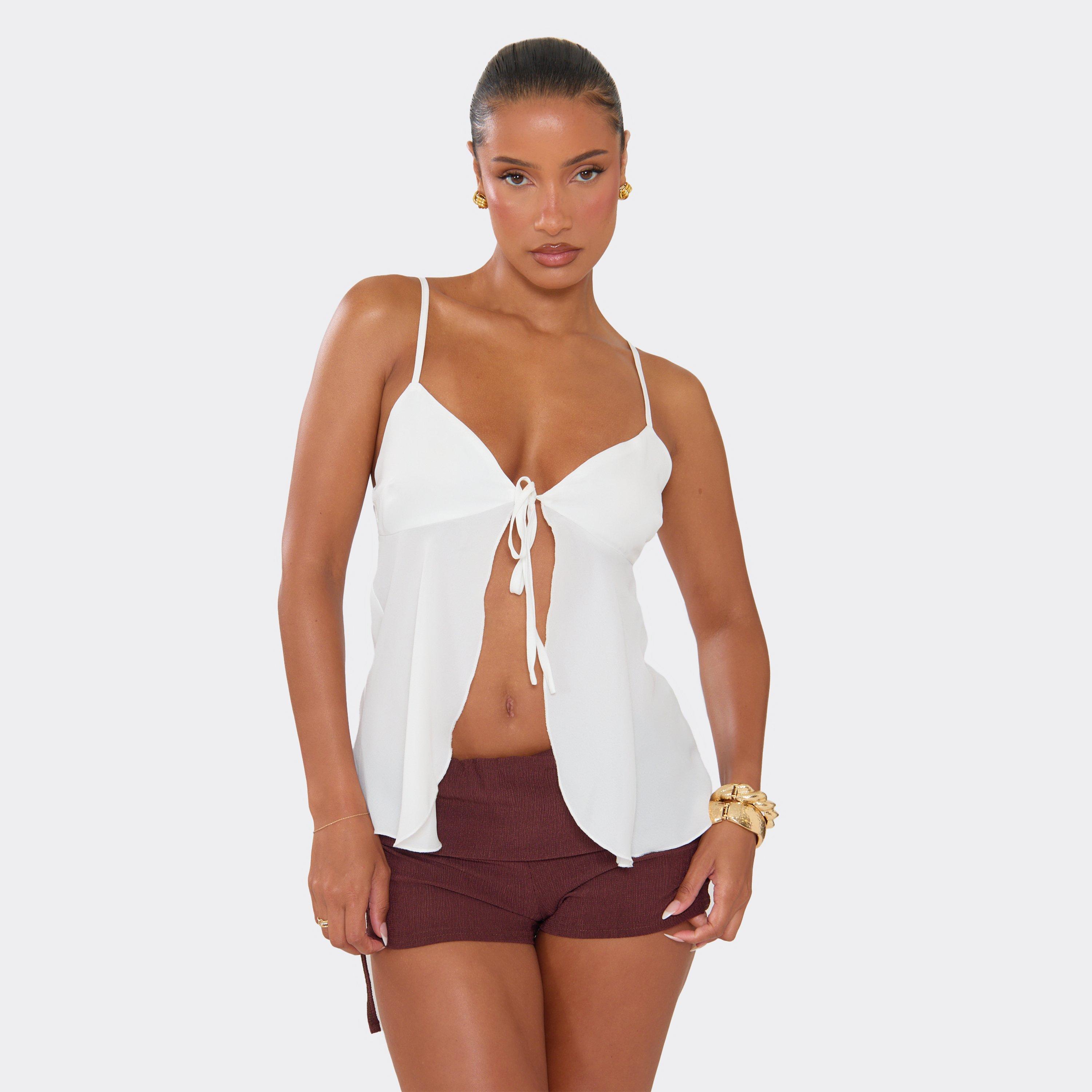 Tie Front Frill Detail Top In Cream Mesh, Women's Size UK 8