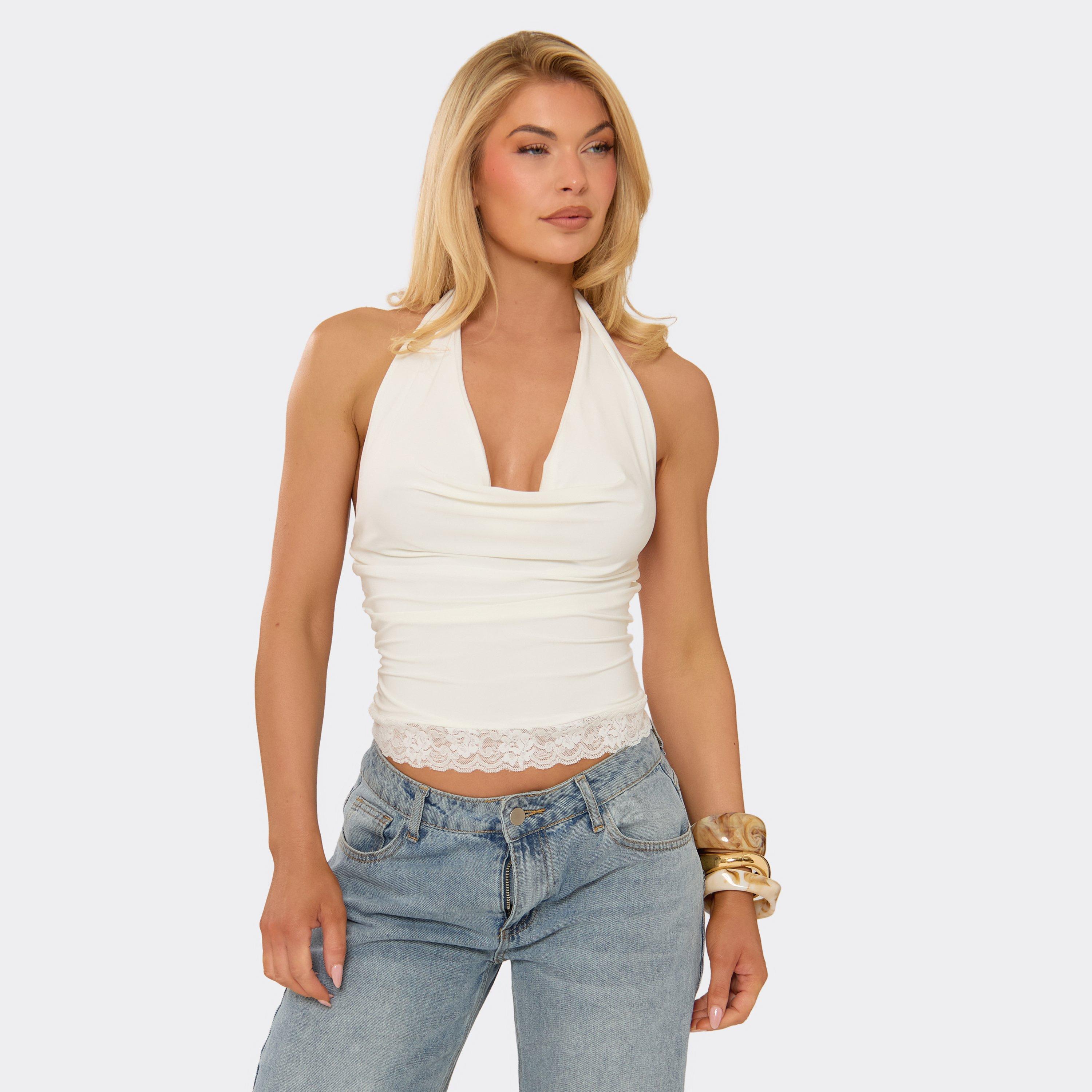 Cowl Front Lace Trim Top In White Slinky, Women’s