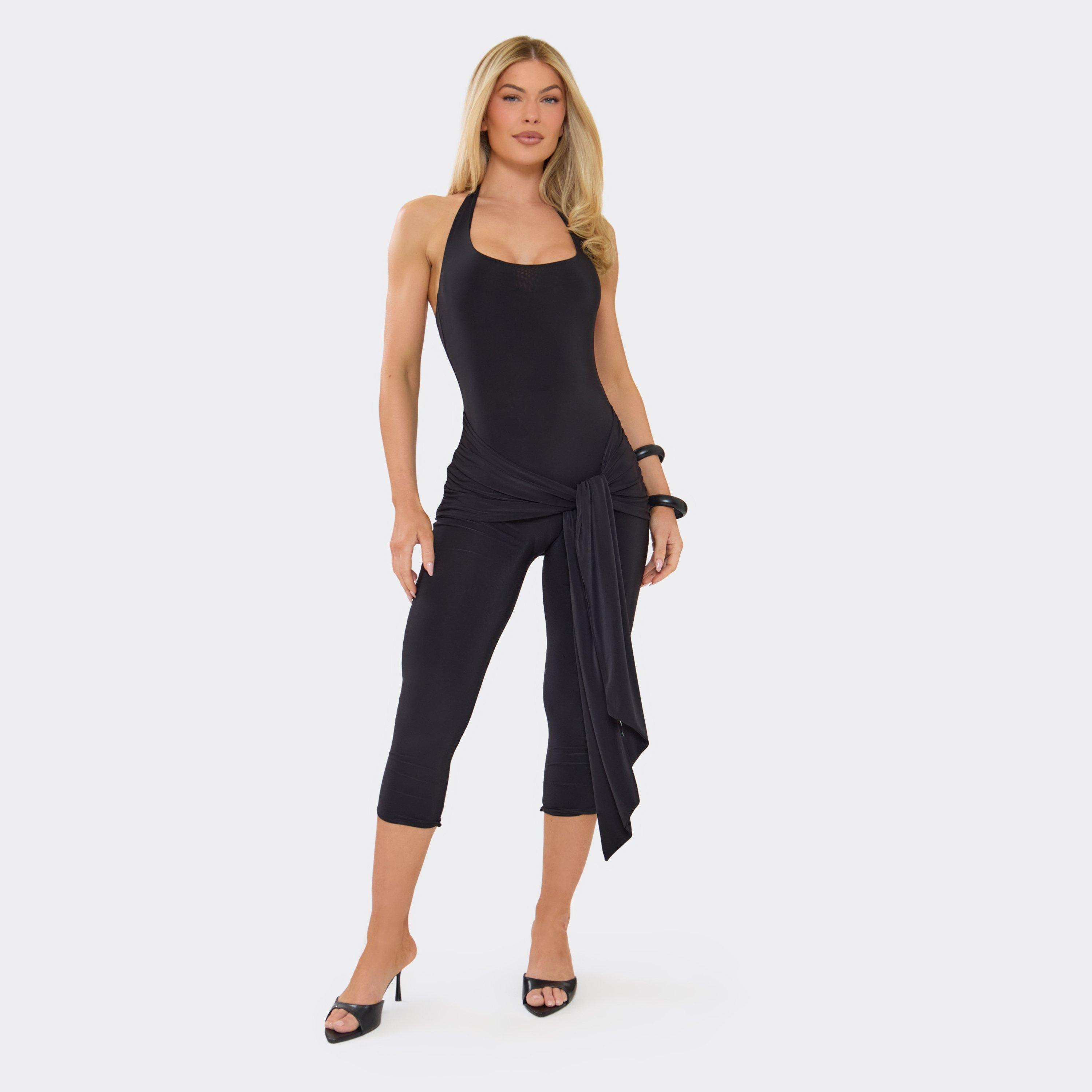 Halterneck Tie Drape Front Capri Jumpsuit In Black, Women's Size UK 14