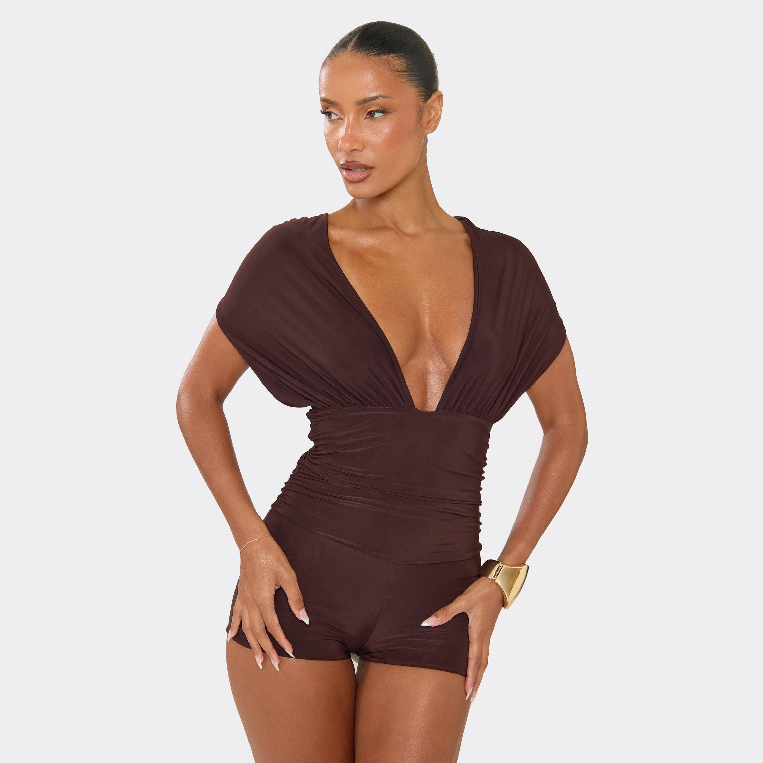 Sleeveless Plunge Front Tie Back Ruched Playsuit In Chocolate Brown, Women's Size UK 6
