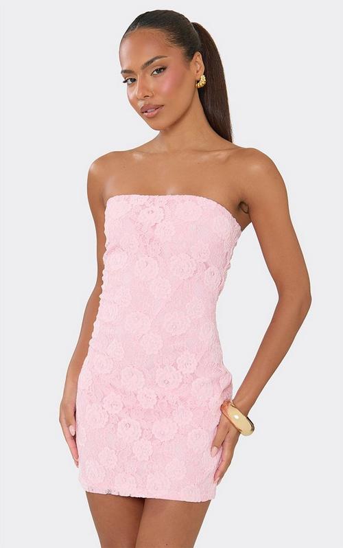 Bandeau Ruched Frilly Hem Mini Bodycon Dress In Pink Mesh | EGO UK