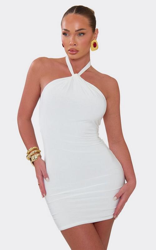 elisha ruched halter dress in white High Neck Waist Racer Maxi | EGO US Halter mini dress