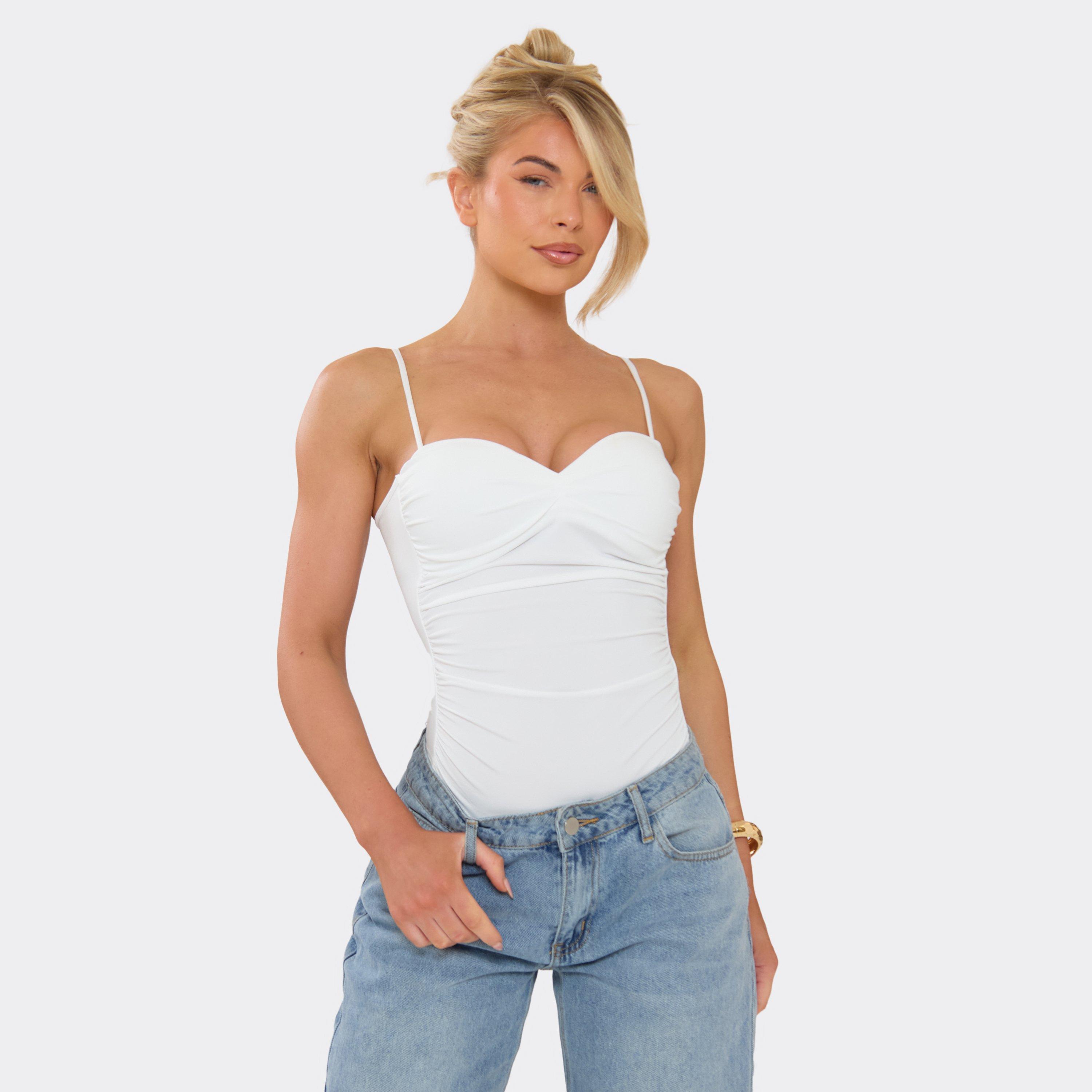 Sweetheart Neckline Ruched Bodysuit In White, Women’s/M