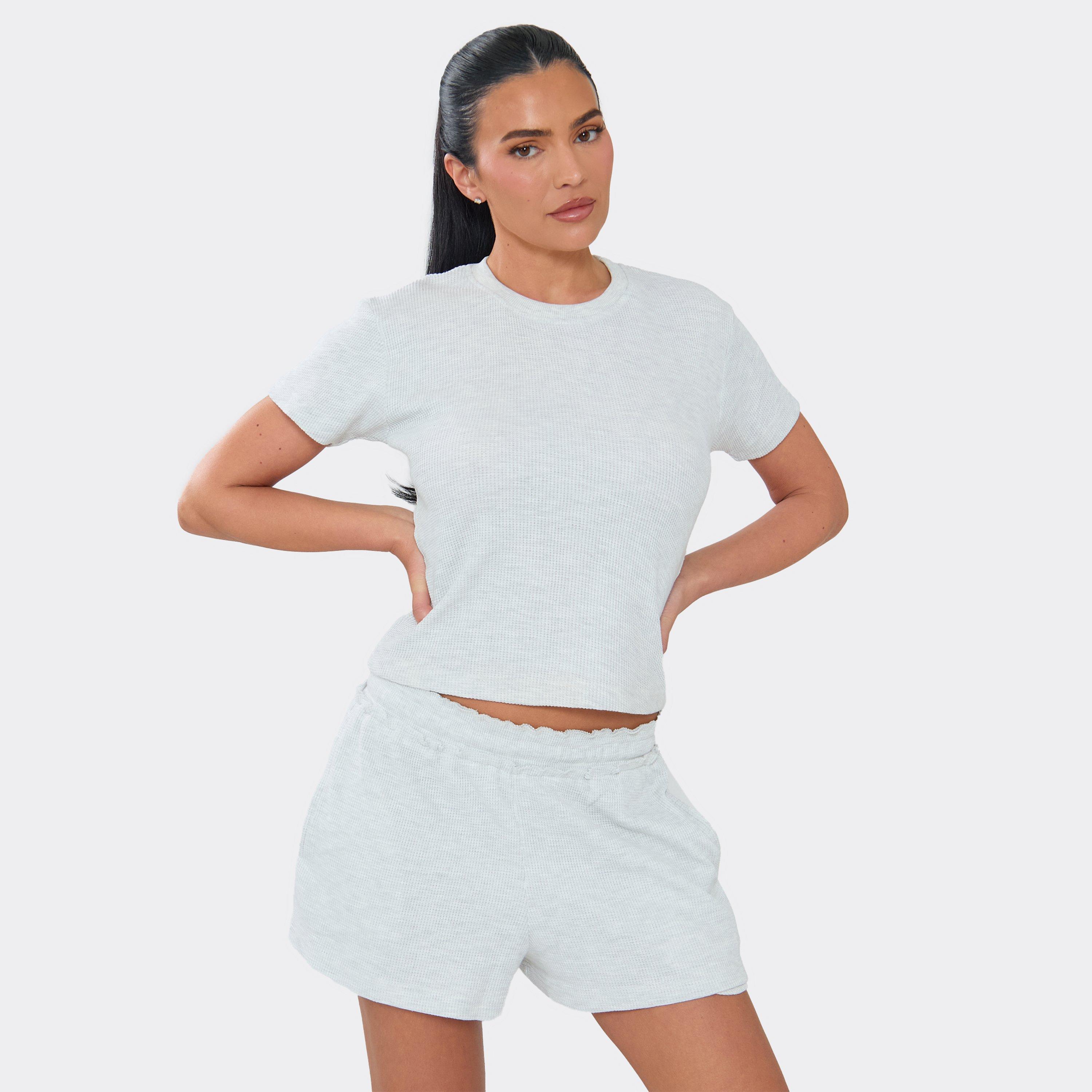Short Sleeve Baby Tee In Light Grey Marl Waffle, Women's Size UK 8
