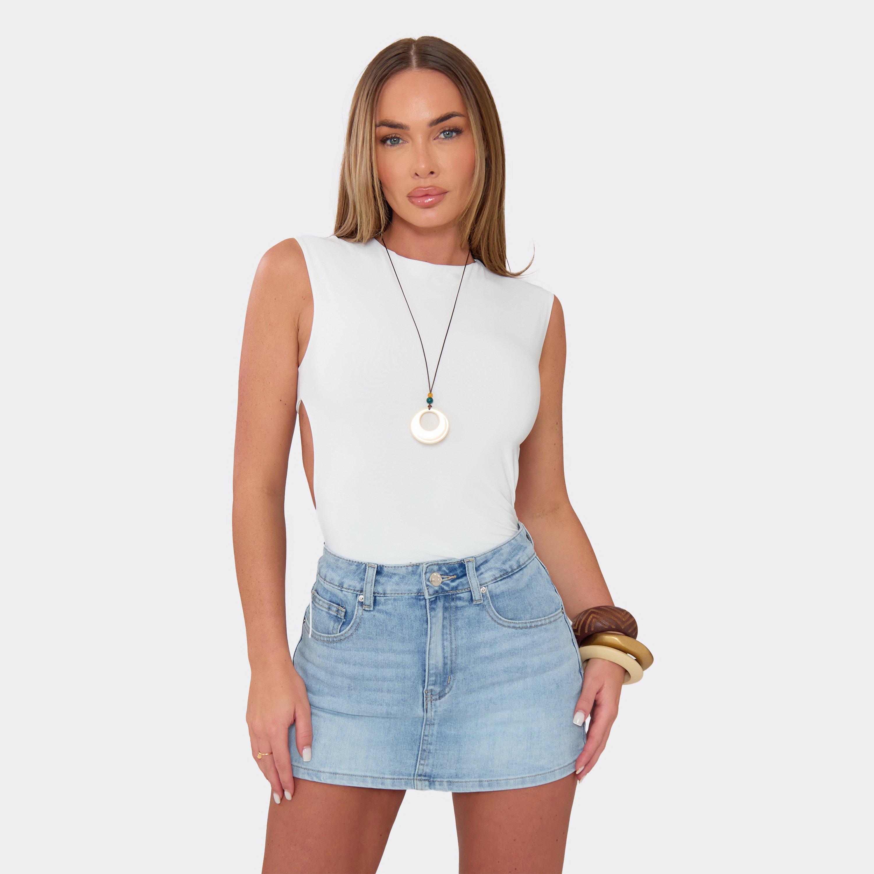 Sleeveless Open Back Bodysuit In White Slinky, Women's Size UK 6
