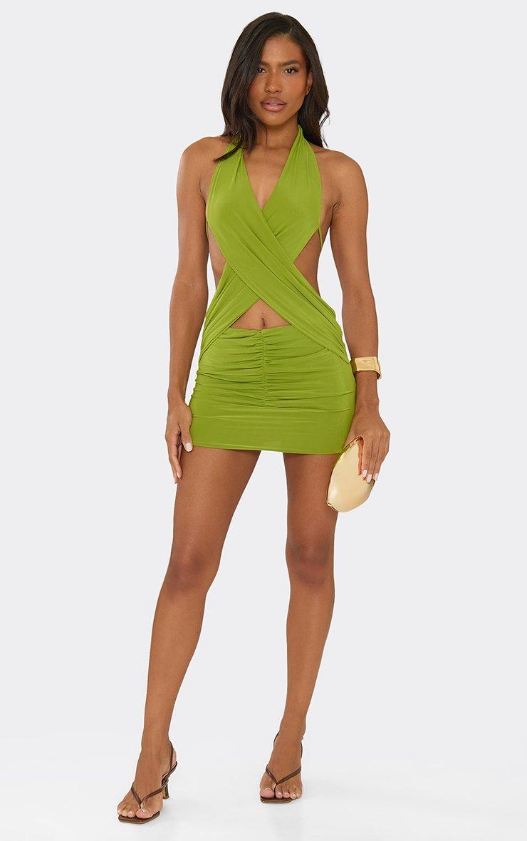 Halterneck Cross Front Cut Out Mini Dress In Green | EGO EU | EGO