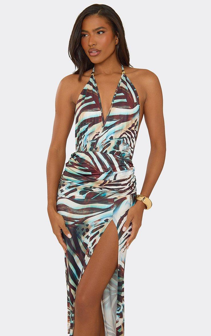 Halterneck Plunge Front Side Split Maxi Dress In Multi Zebra Print | EGO AE  | EGO