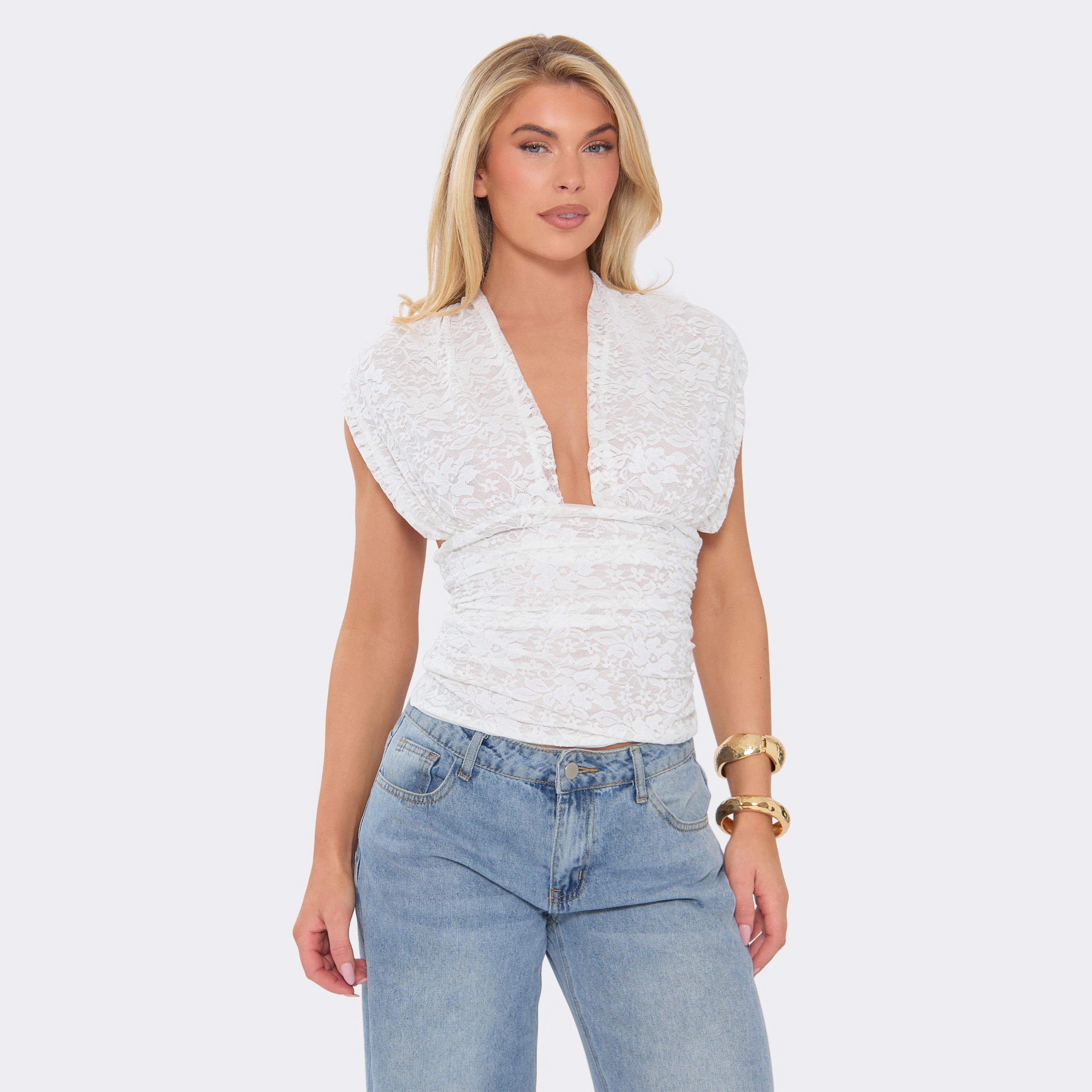 Short Sleeve Plunge Front Tie Back Detail Top In White Lace, Women’s