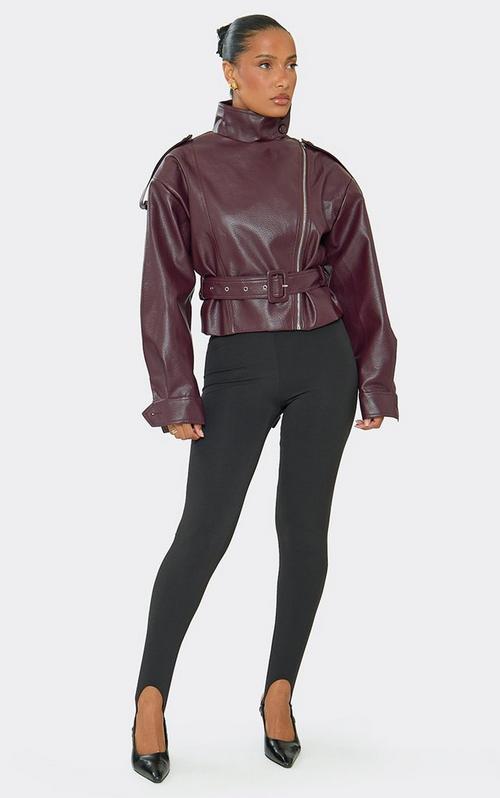 Collared Structured Biker Jacket In Chocolate Brown Faux Leather