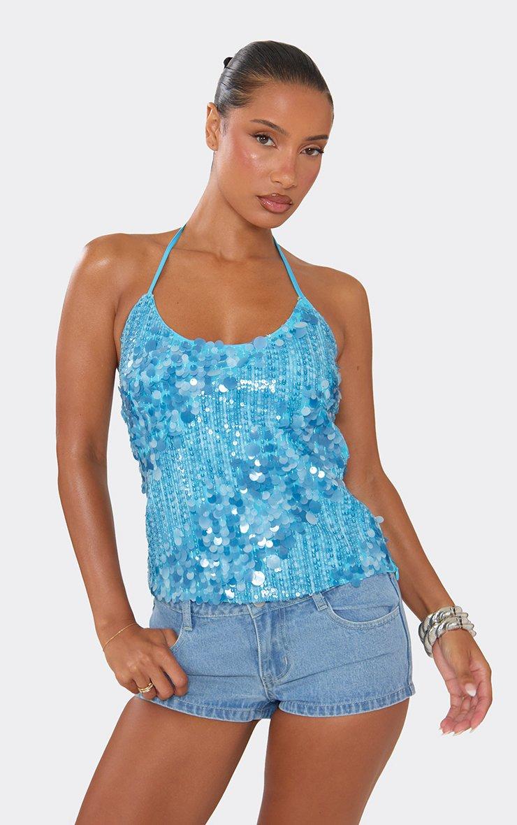 Long Sleeve Zip Front Detail Crop Top In Blue Denim Print | EGO CA