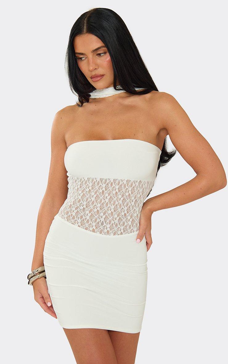 Bandeau Lace Panel Detail Mini Dress With Scarf In Ivory Slinky, Women's Size US 10 - EGO
