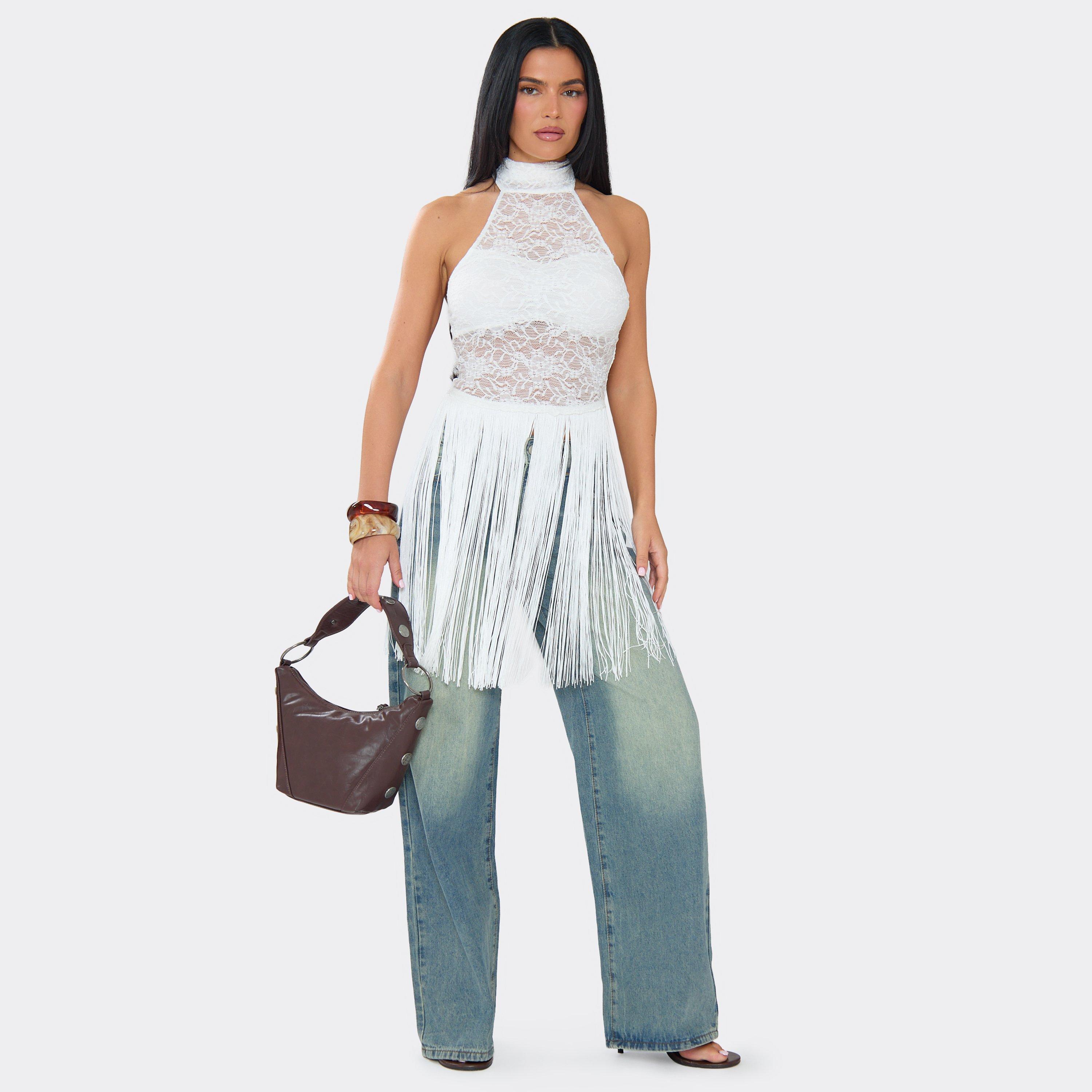 High Neck Fringe Hem Top In White Lace, Women's Size UK 8