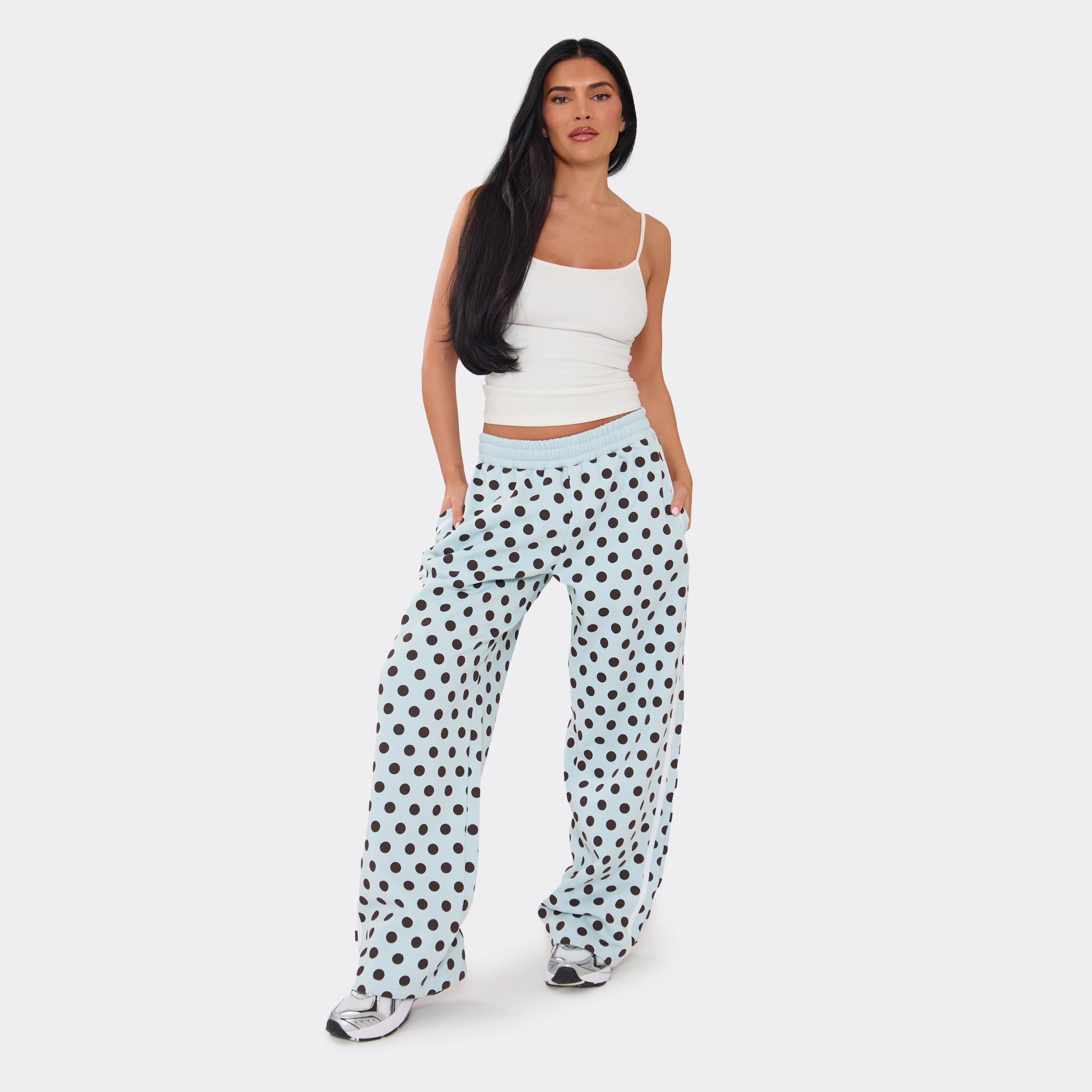Mid Rise Side Stripe Wide Leg Joggers In Blue Polka Dot, Women's Size UK 6