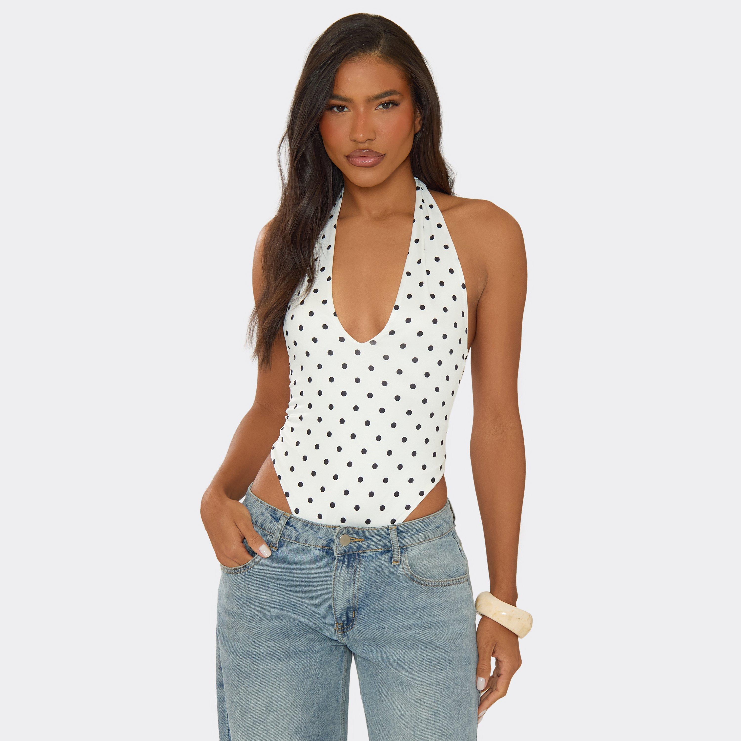 Halterneck High Leg Bodysuit In White Polka Dot, Women’s