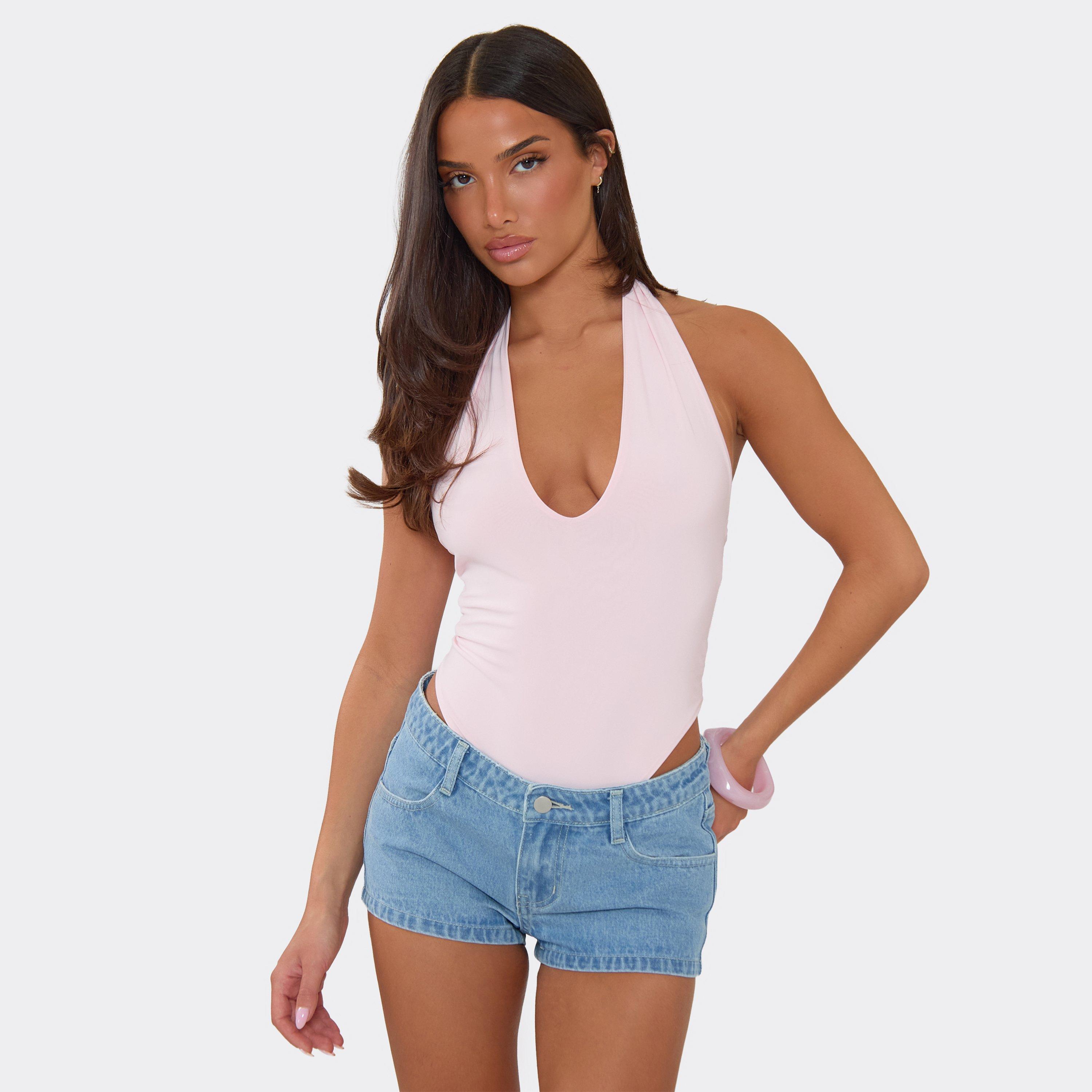 Halterneck High Leg Bodysuit In Pink, Women's Size UK 14