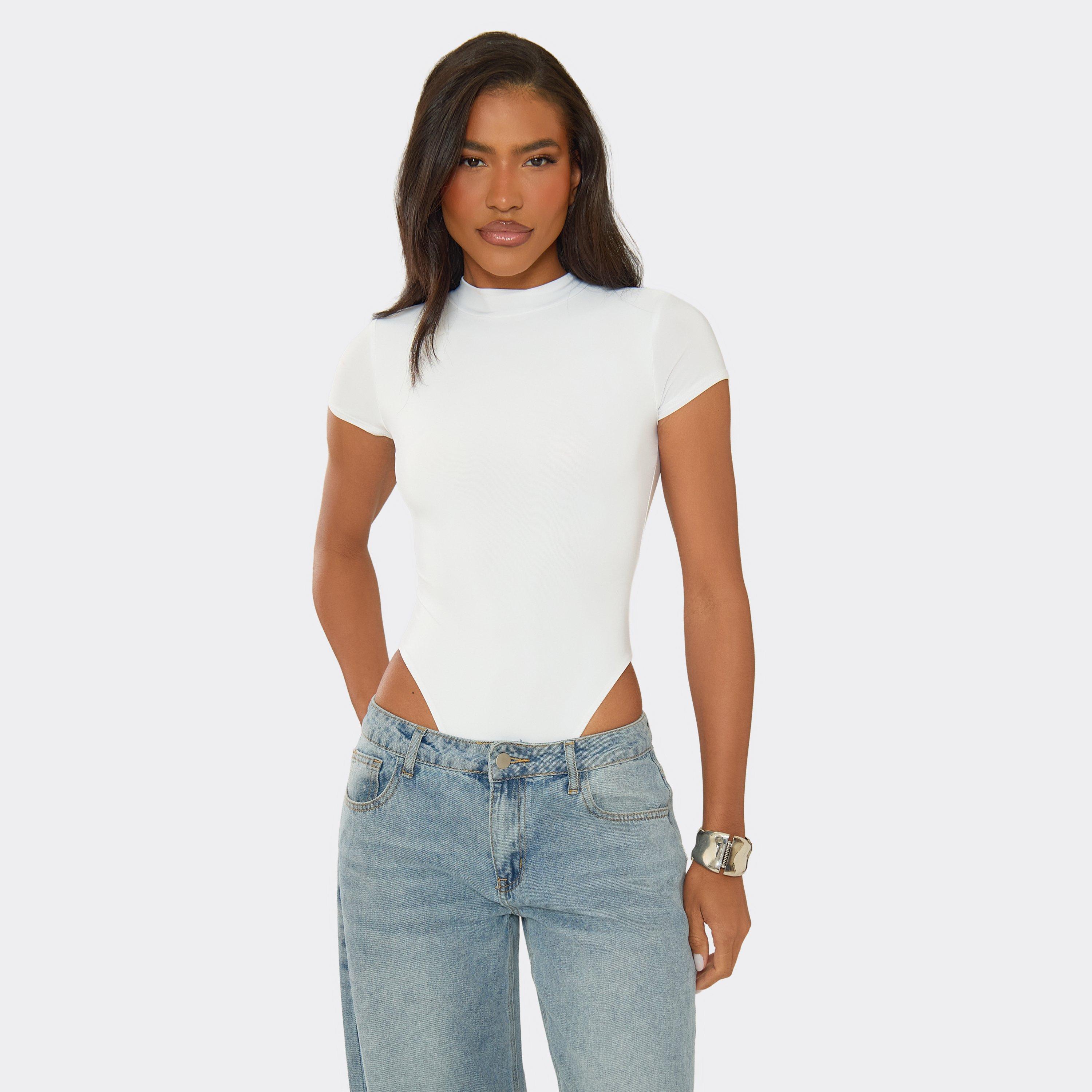 Short Sleeve High Neck Bodysuit In White, Women’s