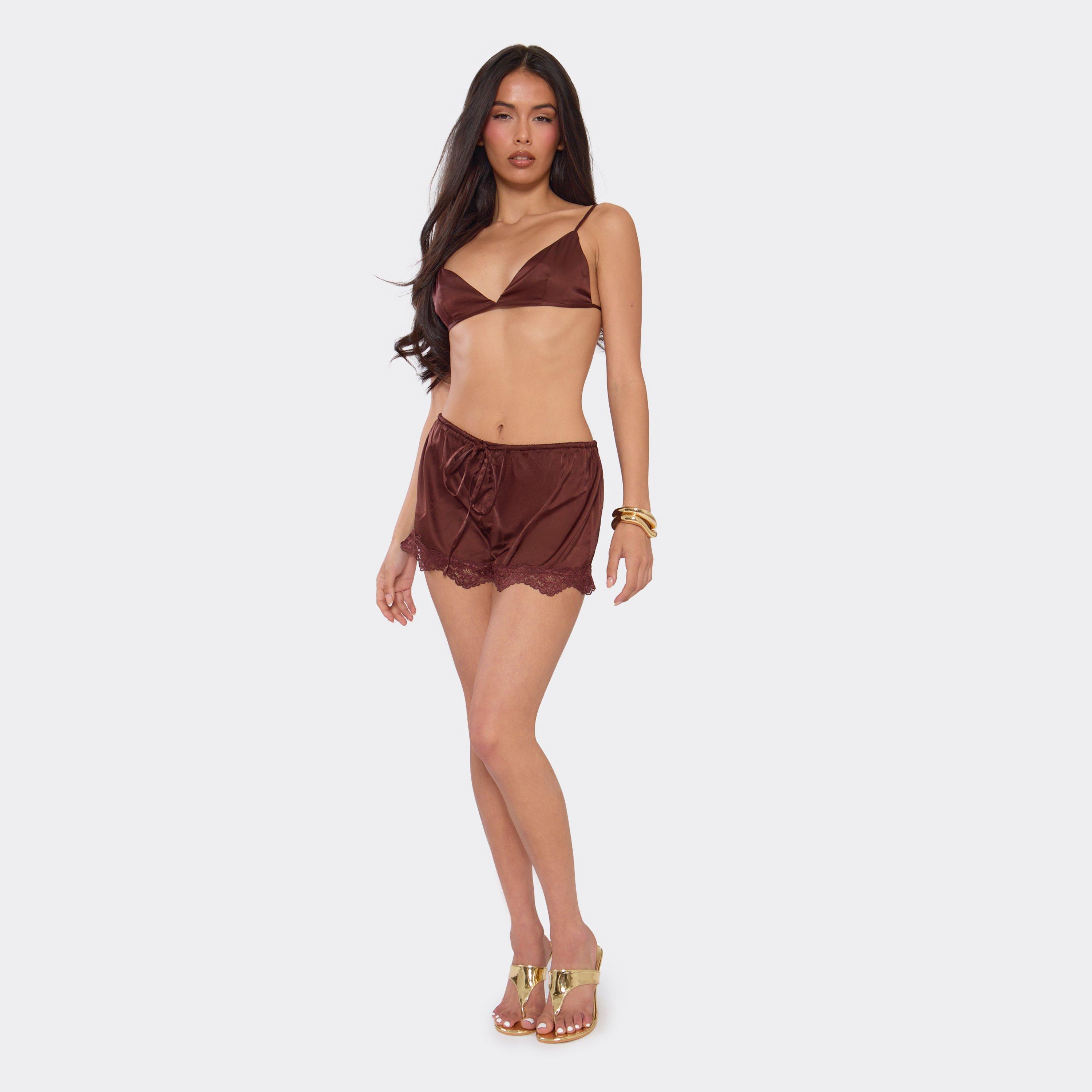 Mid Rise Tie Waist Lace Trim Mini Shorts In Chocolate Satin, Women's Size UK 6